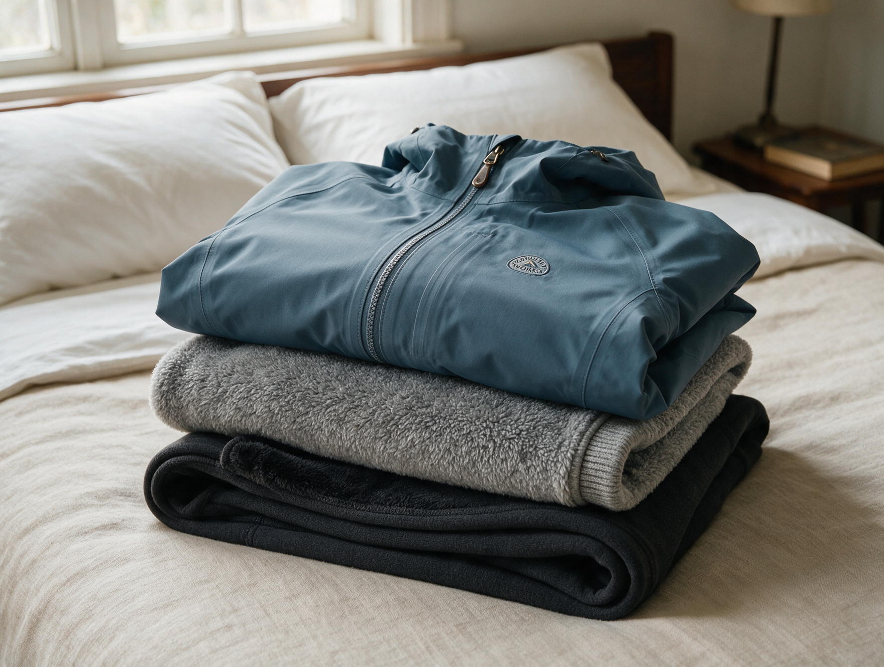 Traveler packing a suitcase with warm winter clothes and a passport visible on the bed