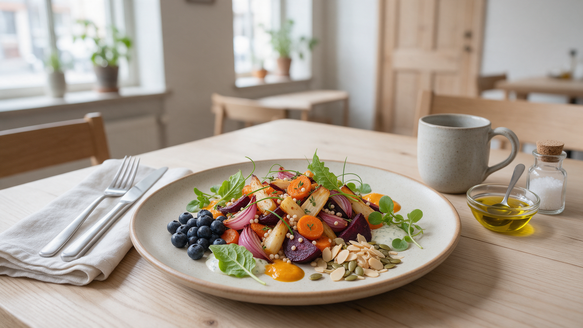 Small casual vegetarian cafe interior in Helsinki with plant-based dishes on the counter