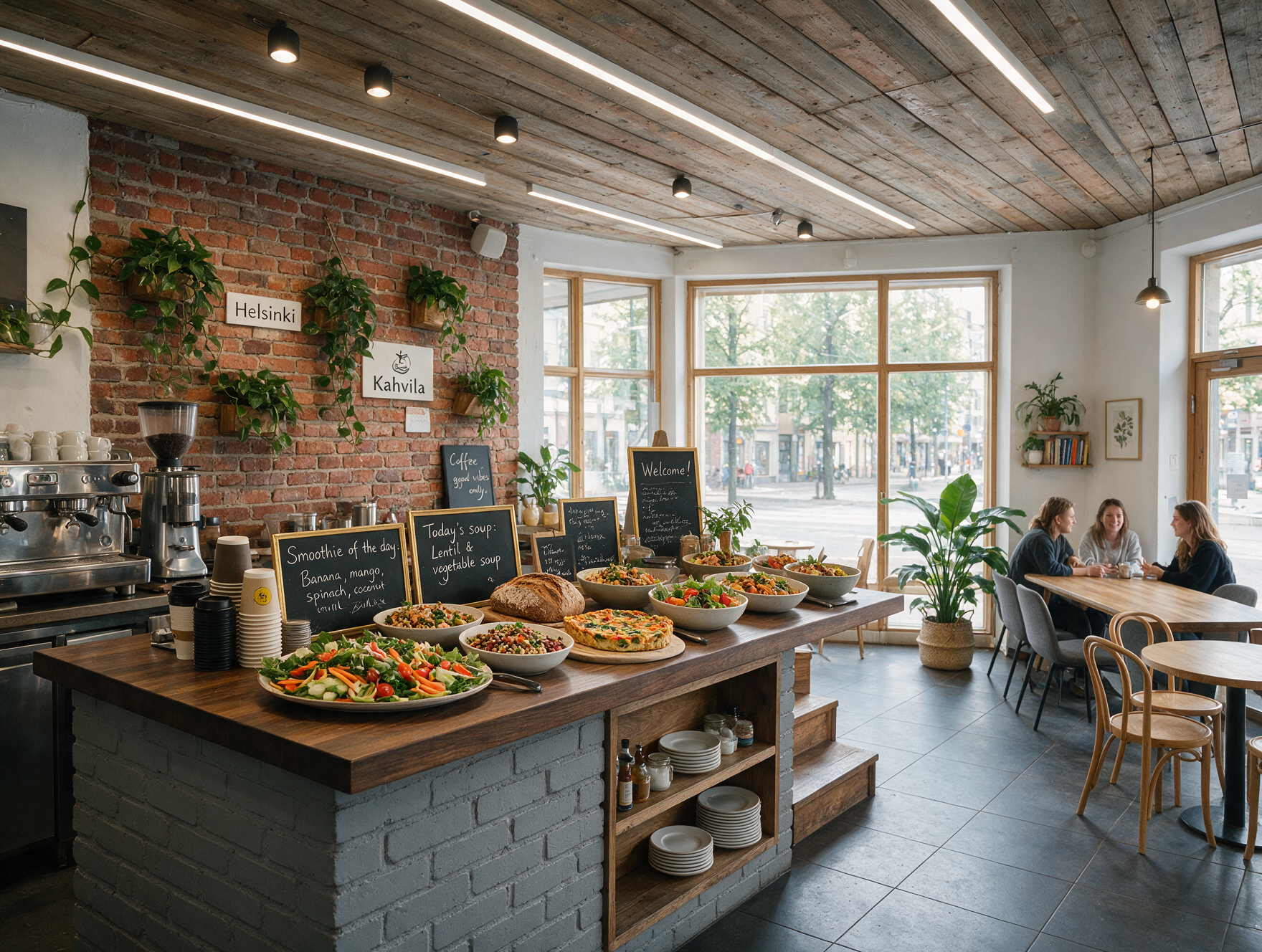 Vegan burger with a plant-based patty and fresh vegetables in a modern Finnish restaurant