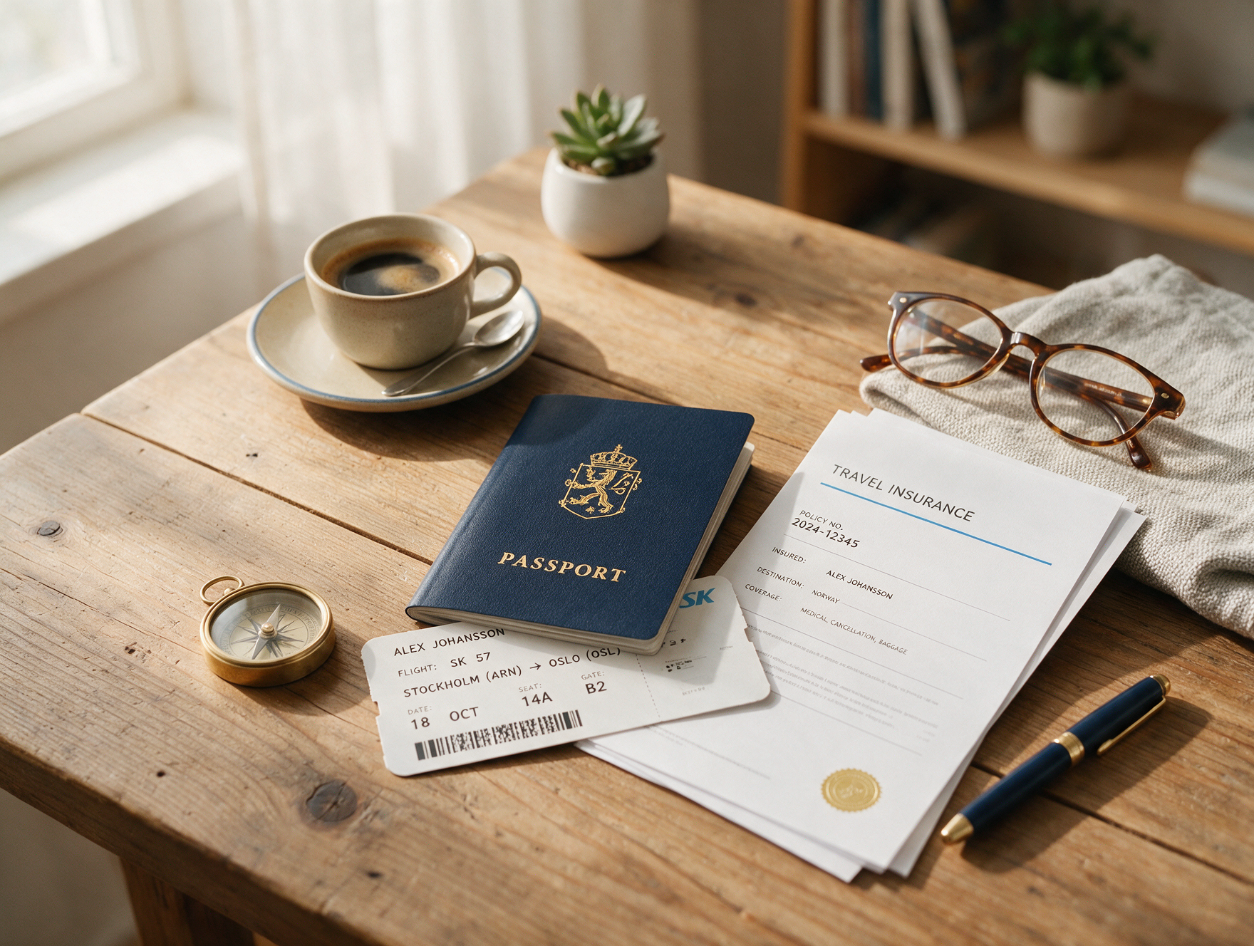 Passport, boarding pass, and travel insurance documents laid out for a Finland Schengen visa application