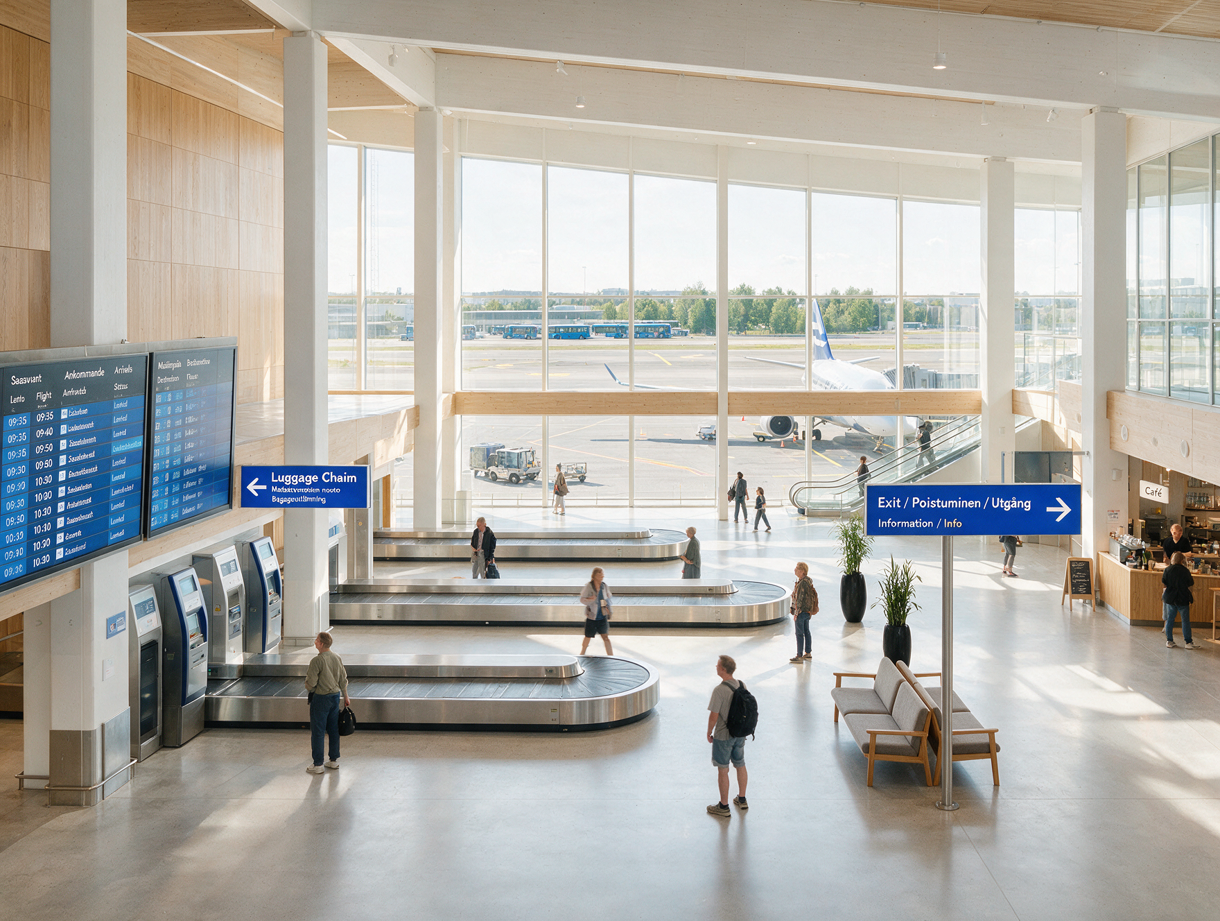 Arrivals hall at Helsinki-Vantaa airport with travelers and luggage