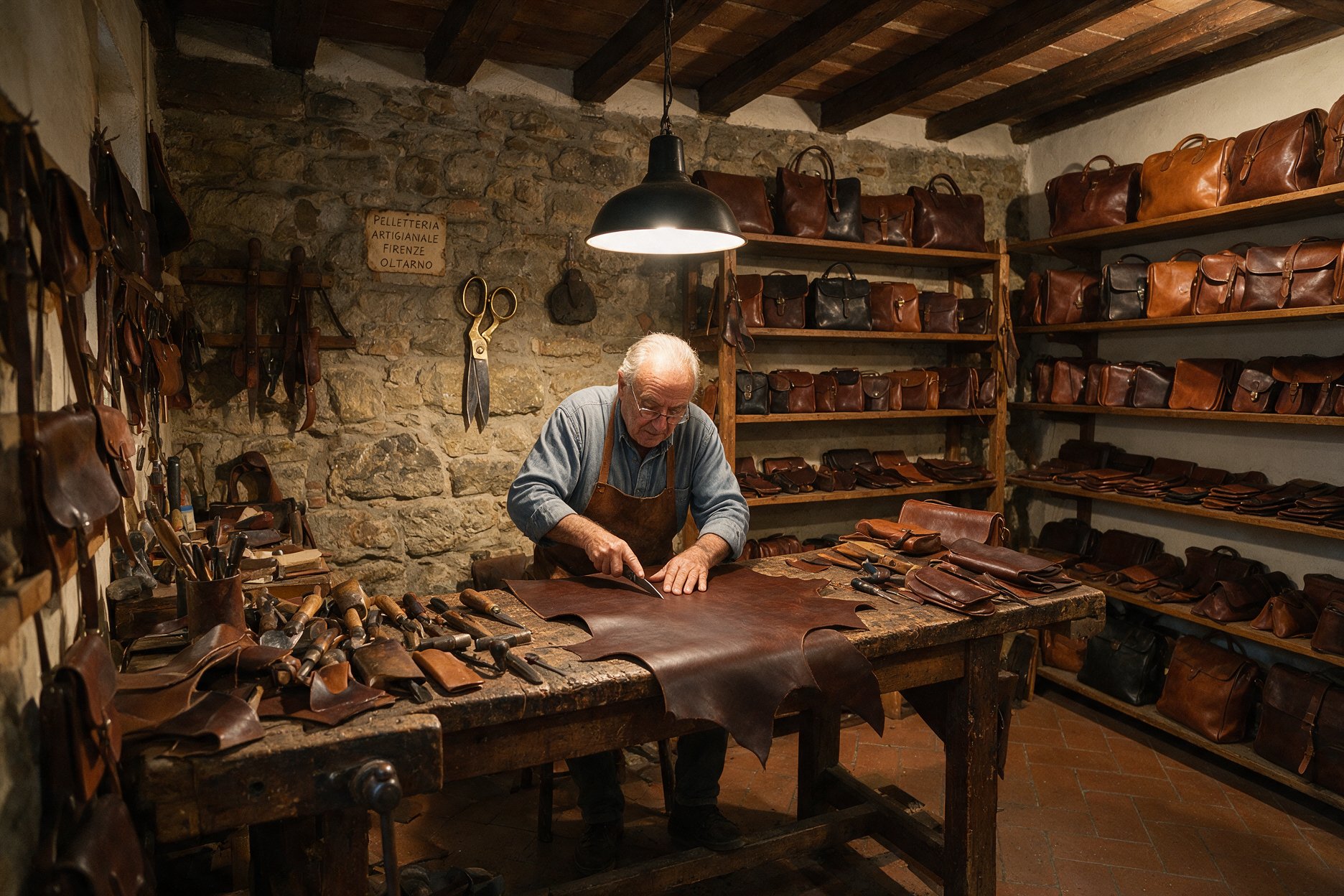 A craftsman working in a traditional leather workshop in the Oltrarno neighborhood of Florence