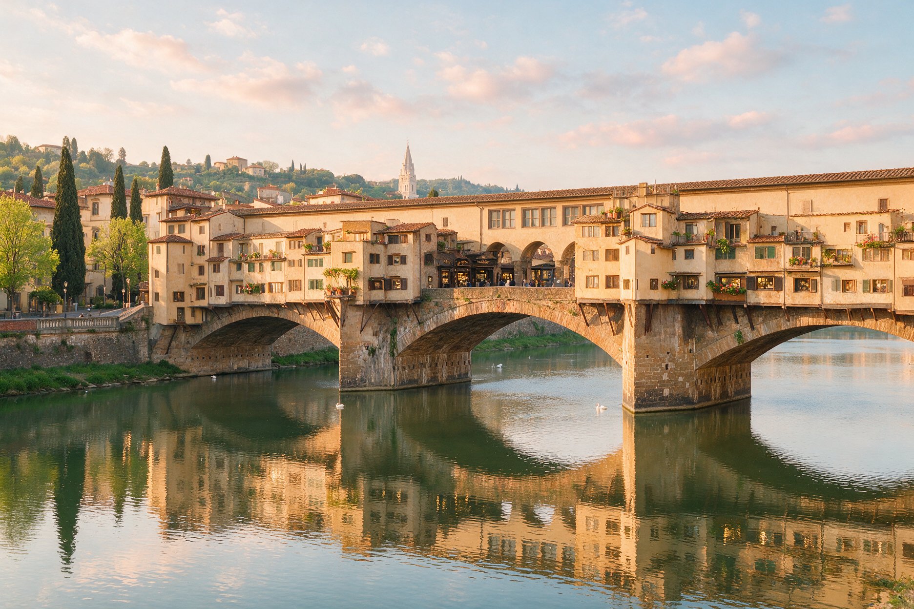 The Ponte Vecchio bridge in Florence in early morning golden light with few visitors