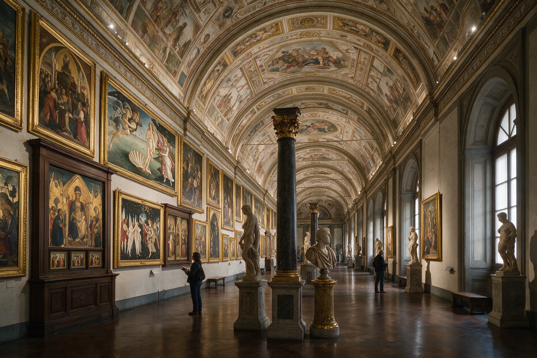 Interior gallery hall of the Uffizi Gallery in Florence, with Renaissance paintings on display