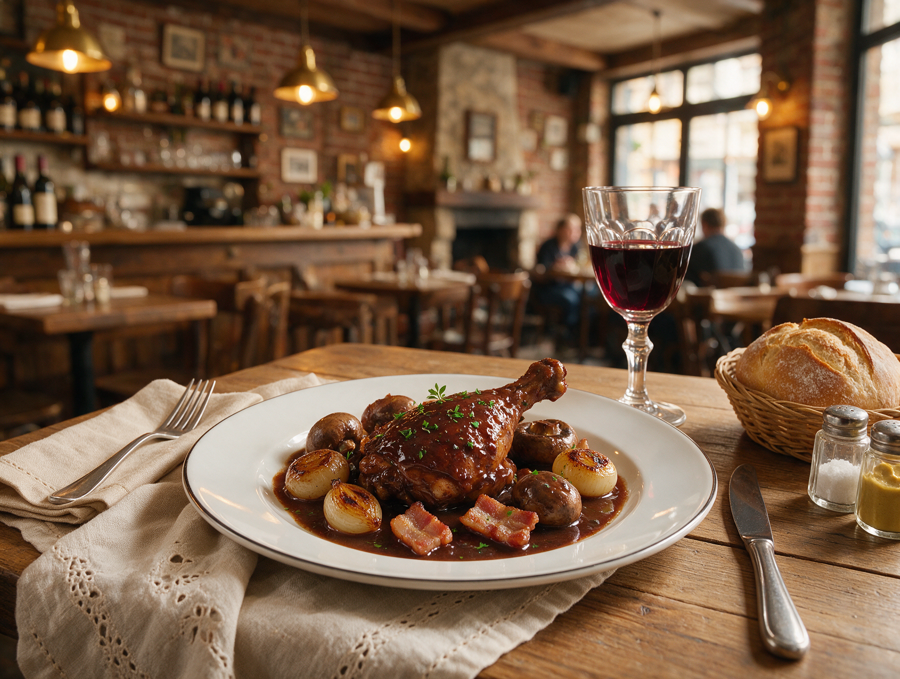 Coq au vin plated at a French bistro with a glass of red wine