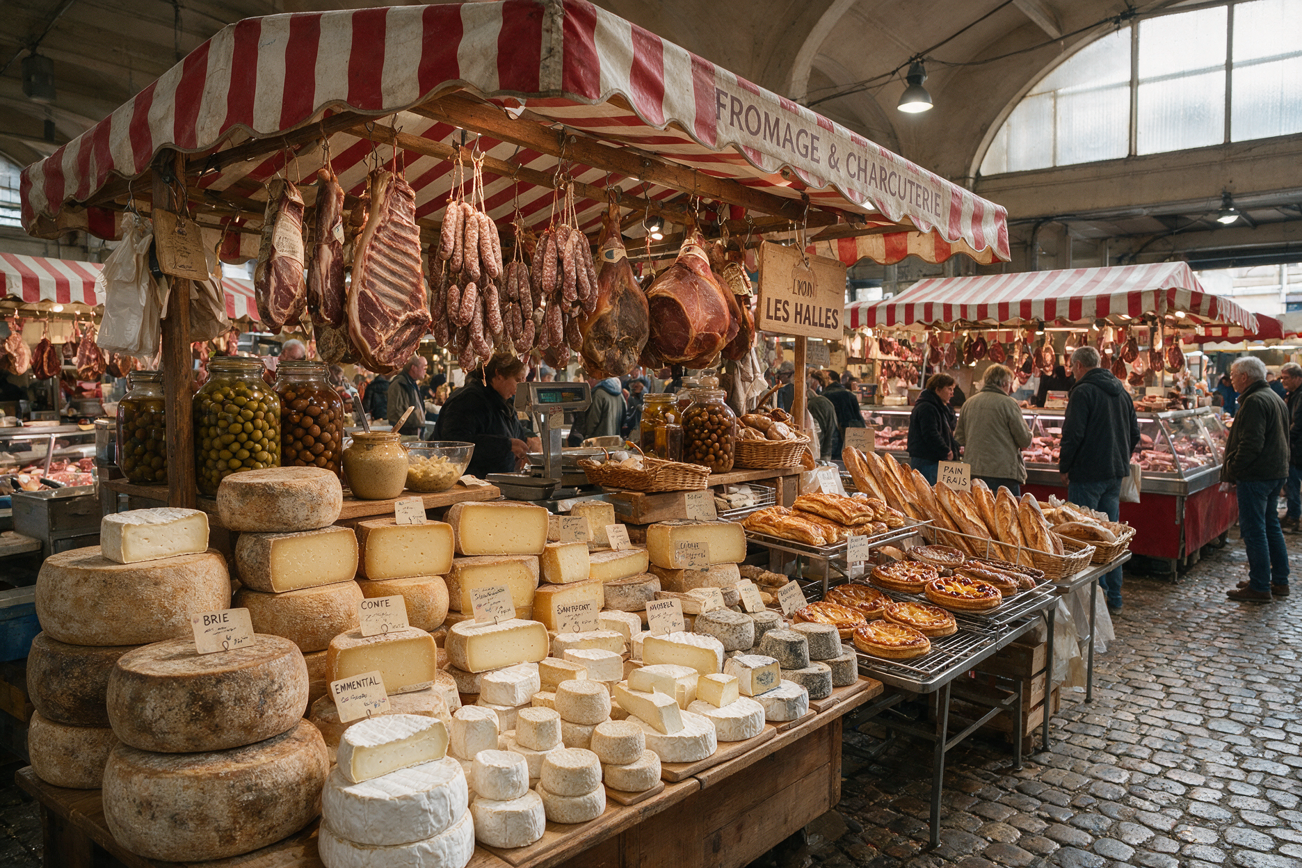 Cheese and charcuterie stalls at a covered food market in Lyon