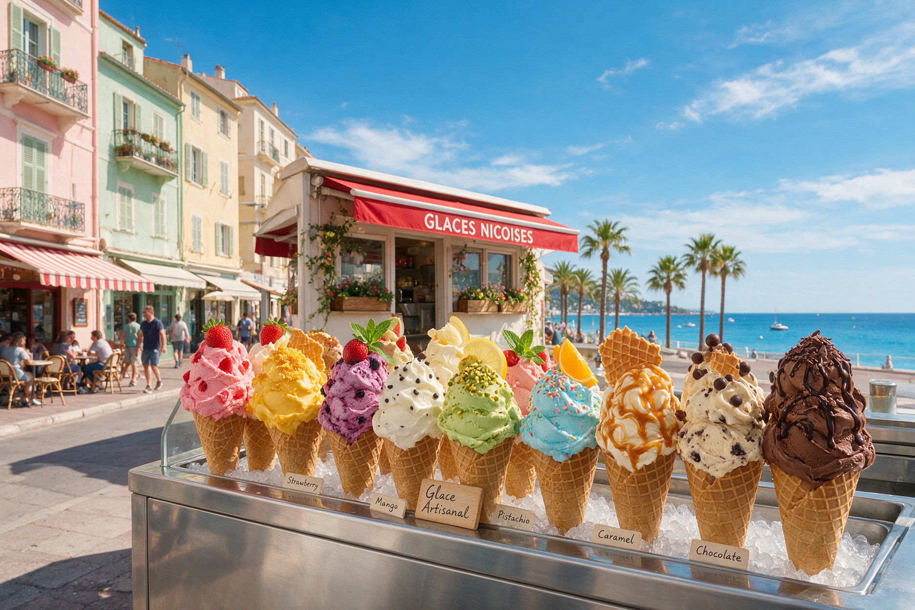 Colorful gelato cones at a seaside shop in Nice