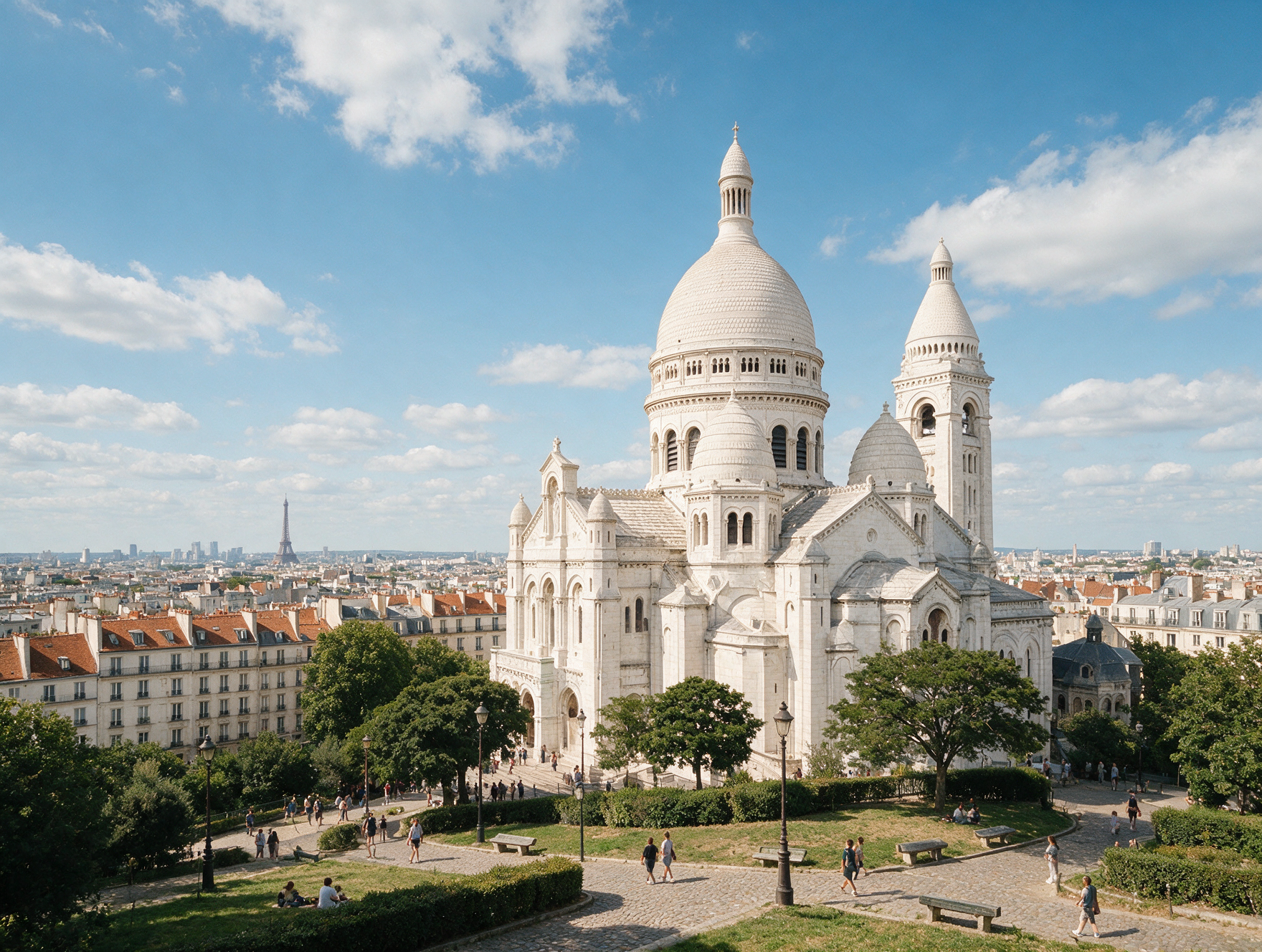 Sacre-Coeur Basilica exterior with a view over Paris rooftops