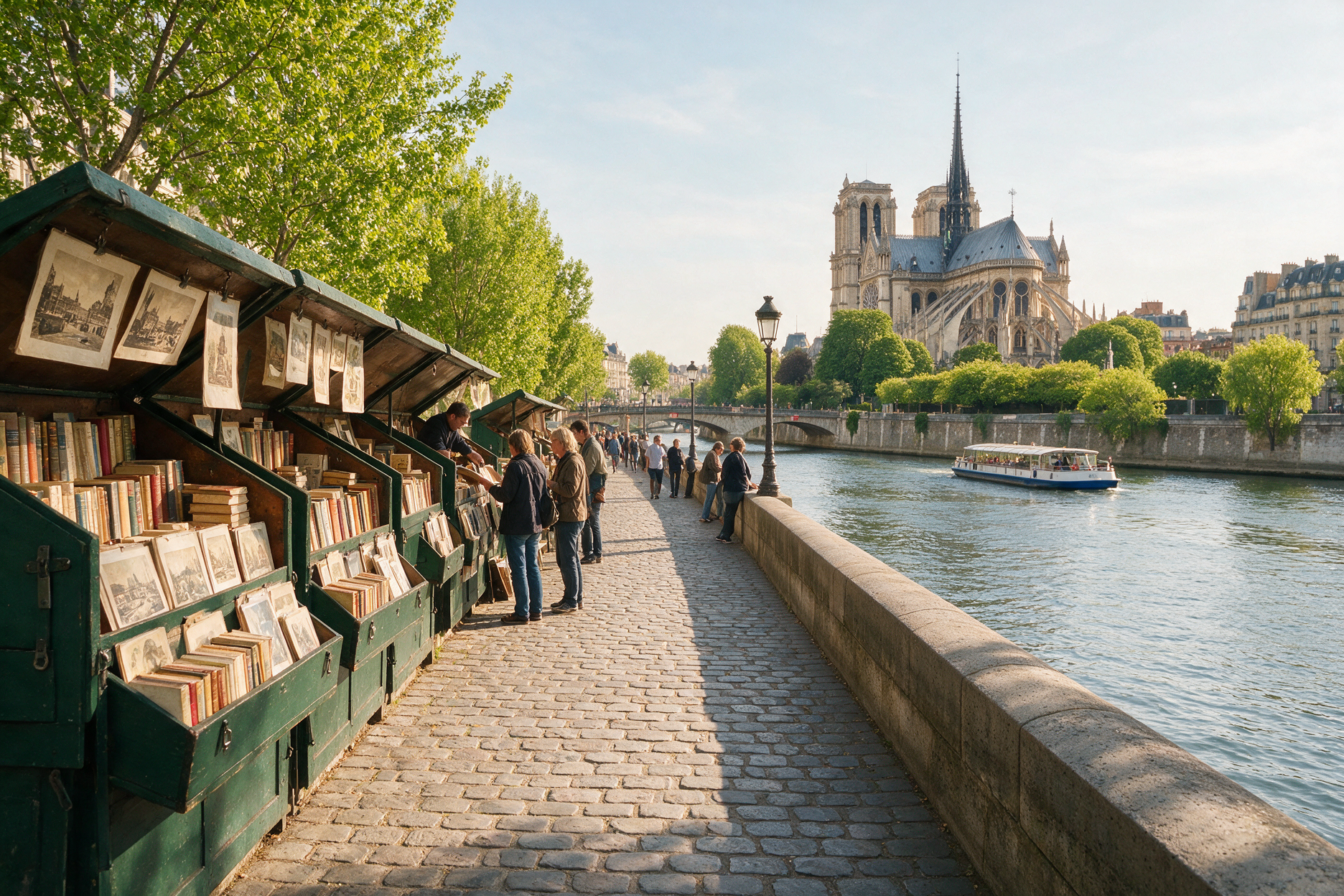 Seine riverside walk with bouquiniste book stalls