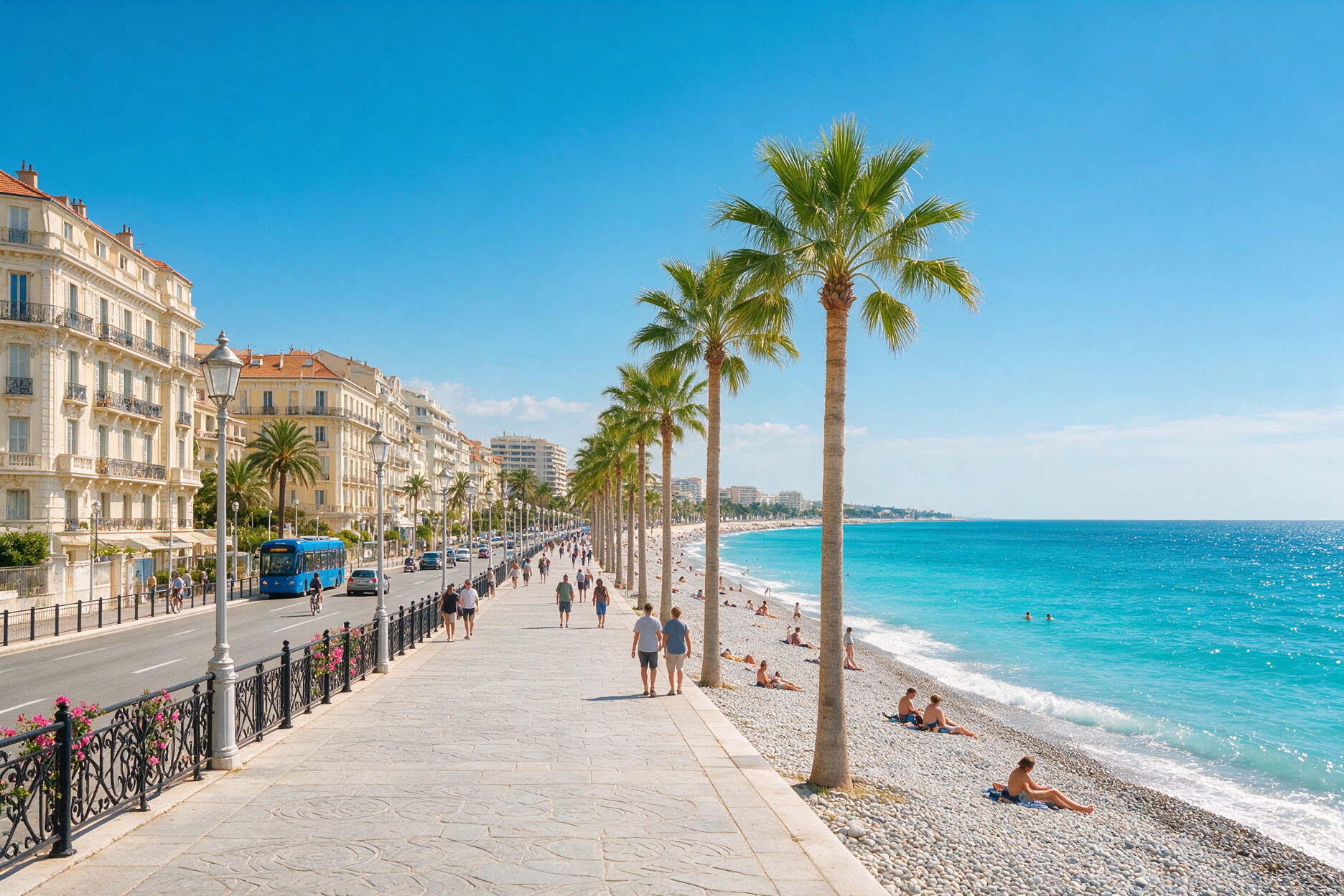 Promenade des Anglais in Nice with palm trees and the Mediterranean Sea