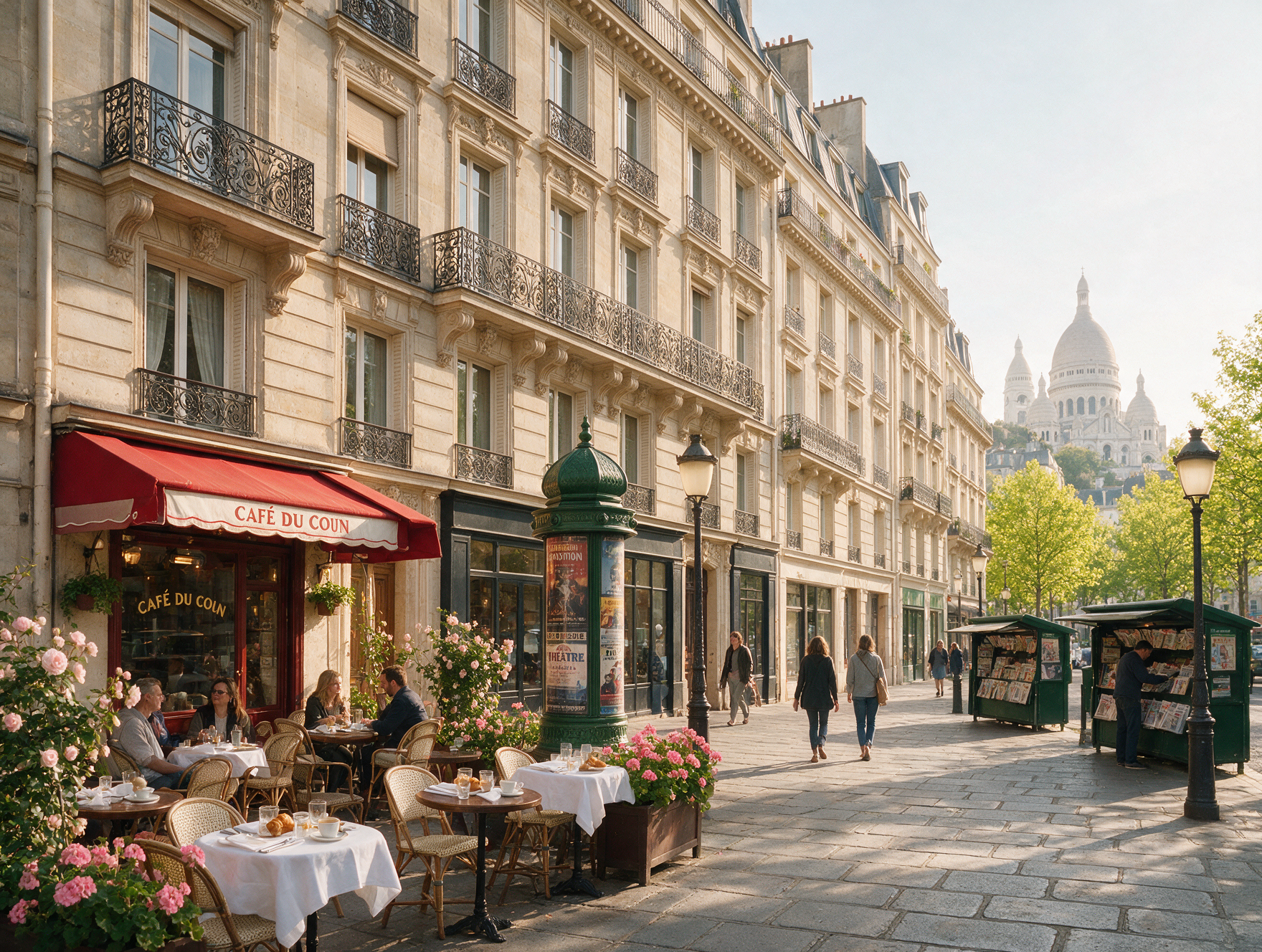 Charming Paris street with Haussmannian buildings and a sidewalk cafe