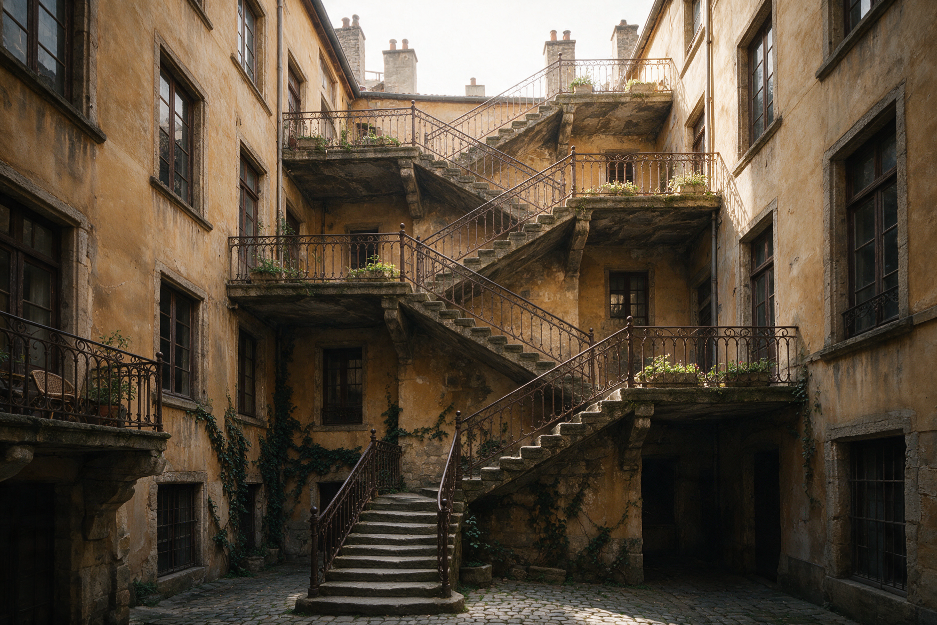 Cour des Voraces staircase in Croix-Rousse, Lyon, a dramatic multi-story stone stairway