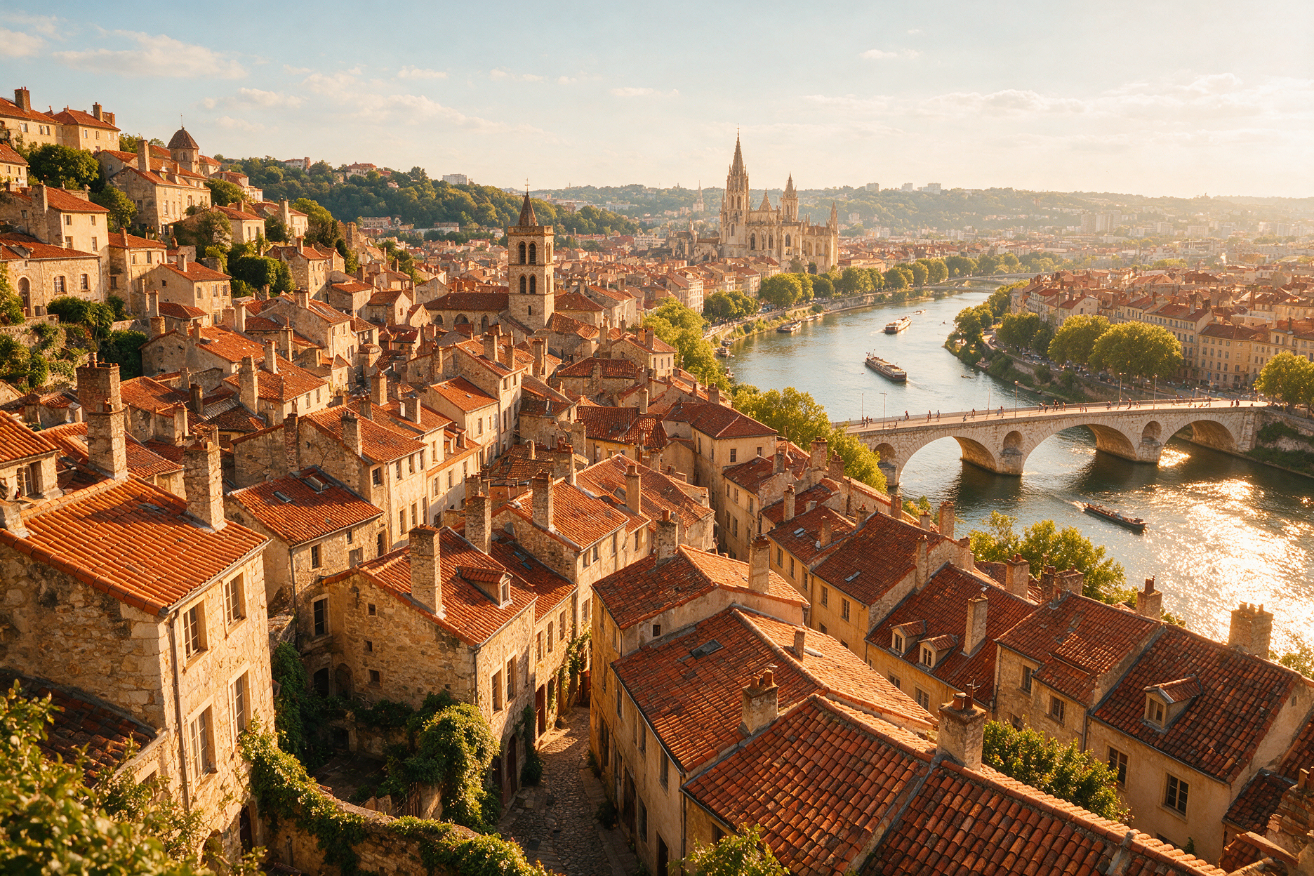 View over the rooftops of Vieux Lyon from Fourvière hill with the Saone river
