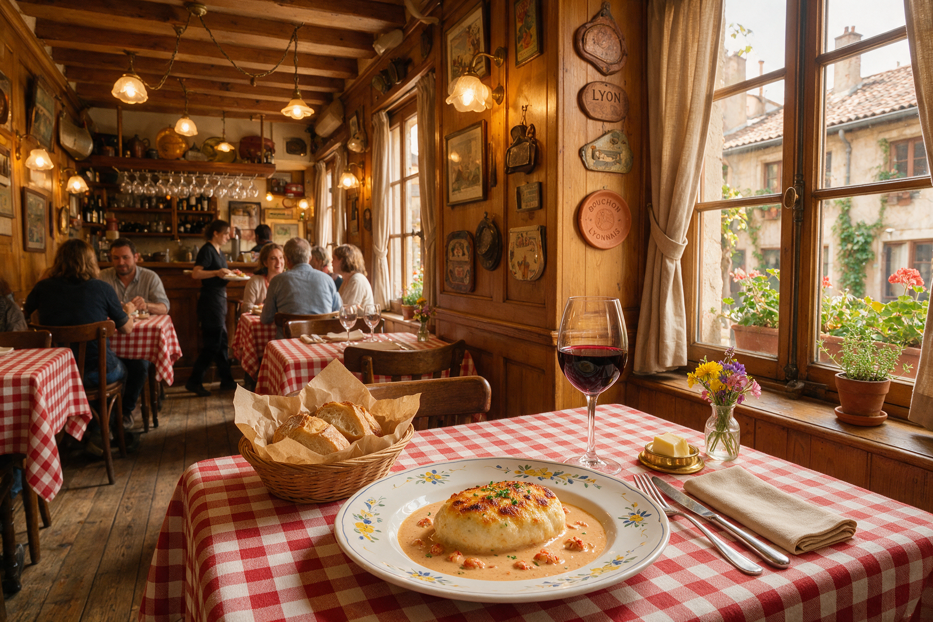 Traditional Lyon bouchon restaurant interior with red checkered tablecloths and a plate of quenelle