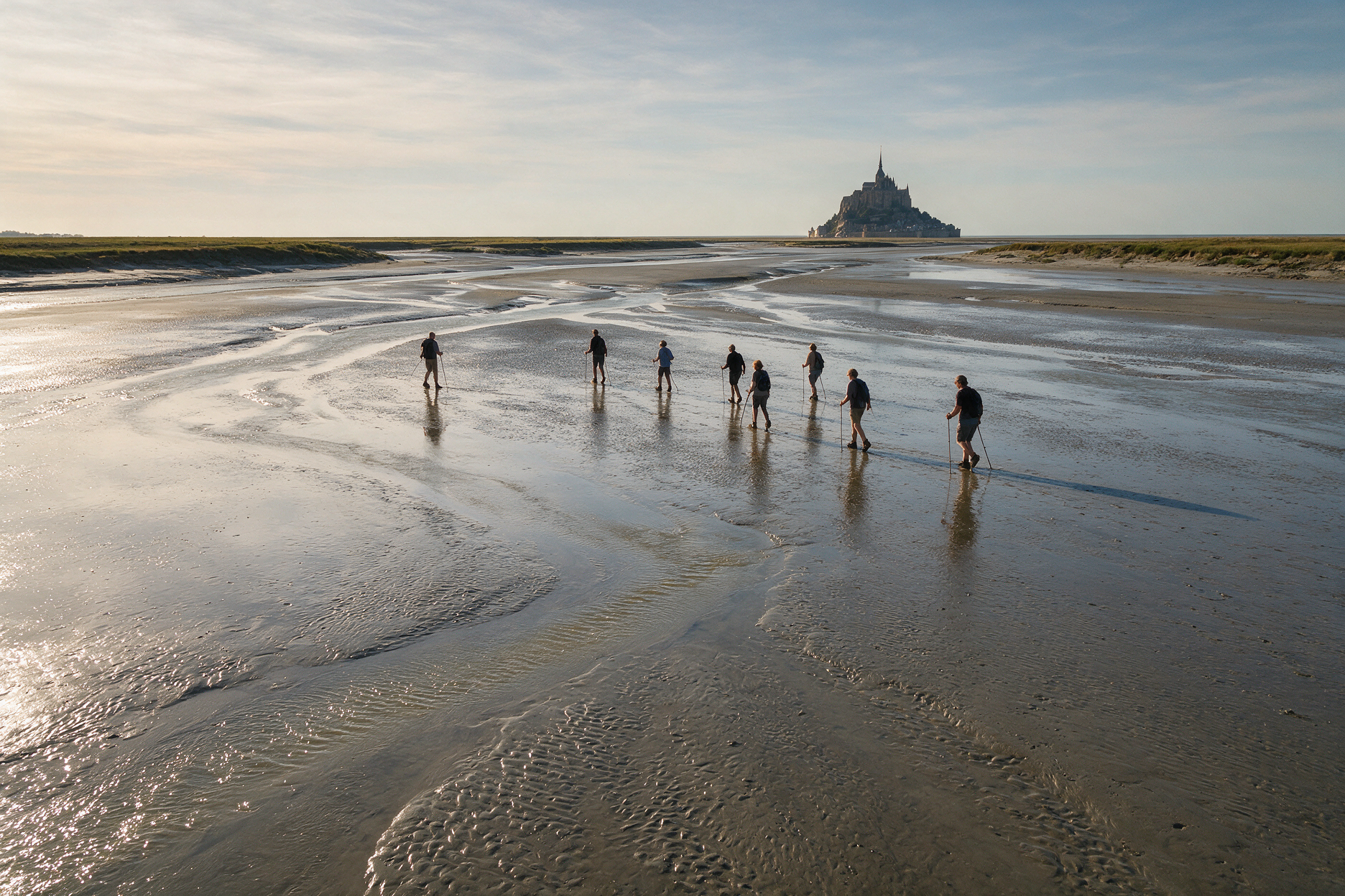 Hikers crossing the mudflats of the Mont Saint-Michel bay at low tide