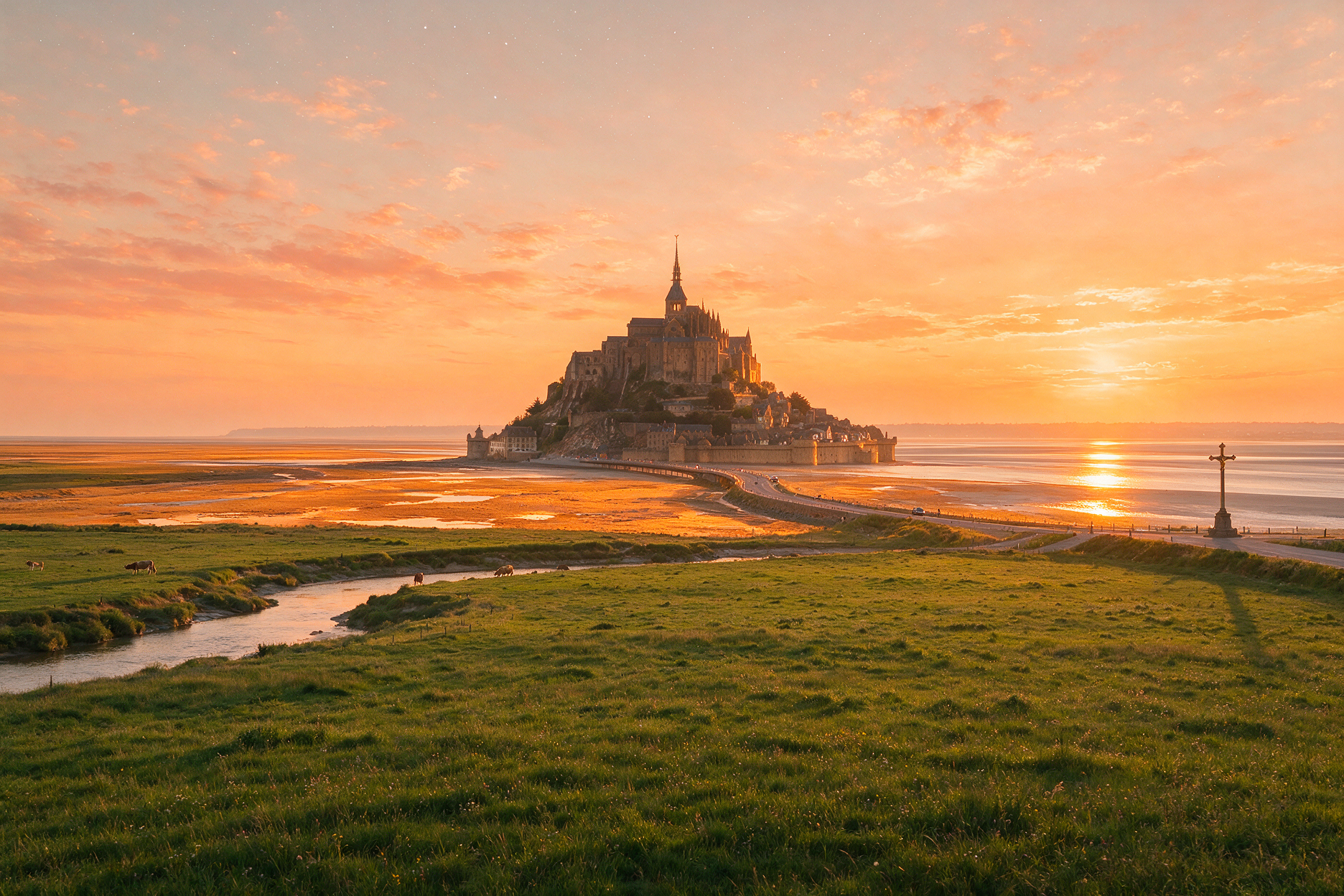 Distant view of Mont Saint-Michel from a quiet countryside viewpoint at sunset
