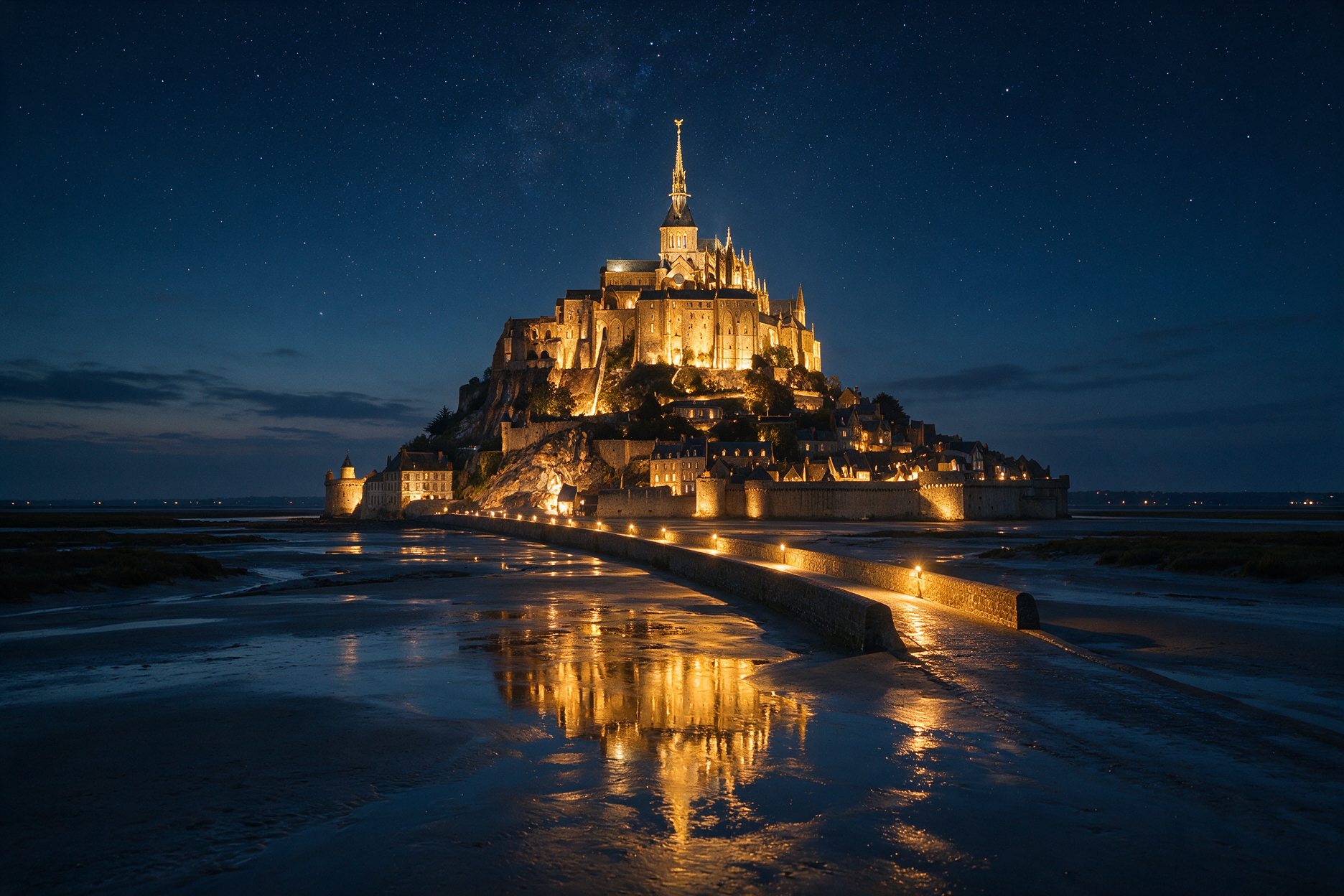 Mont Saint-Michel illuminated at night viewed from a quiet distance