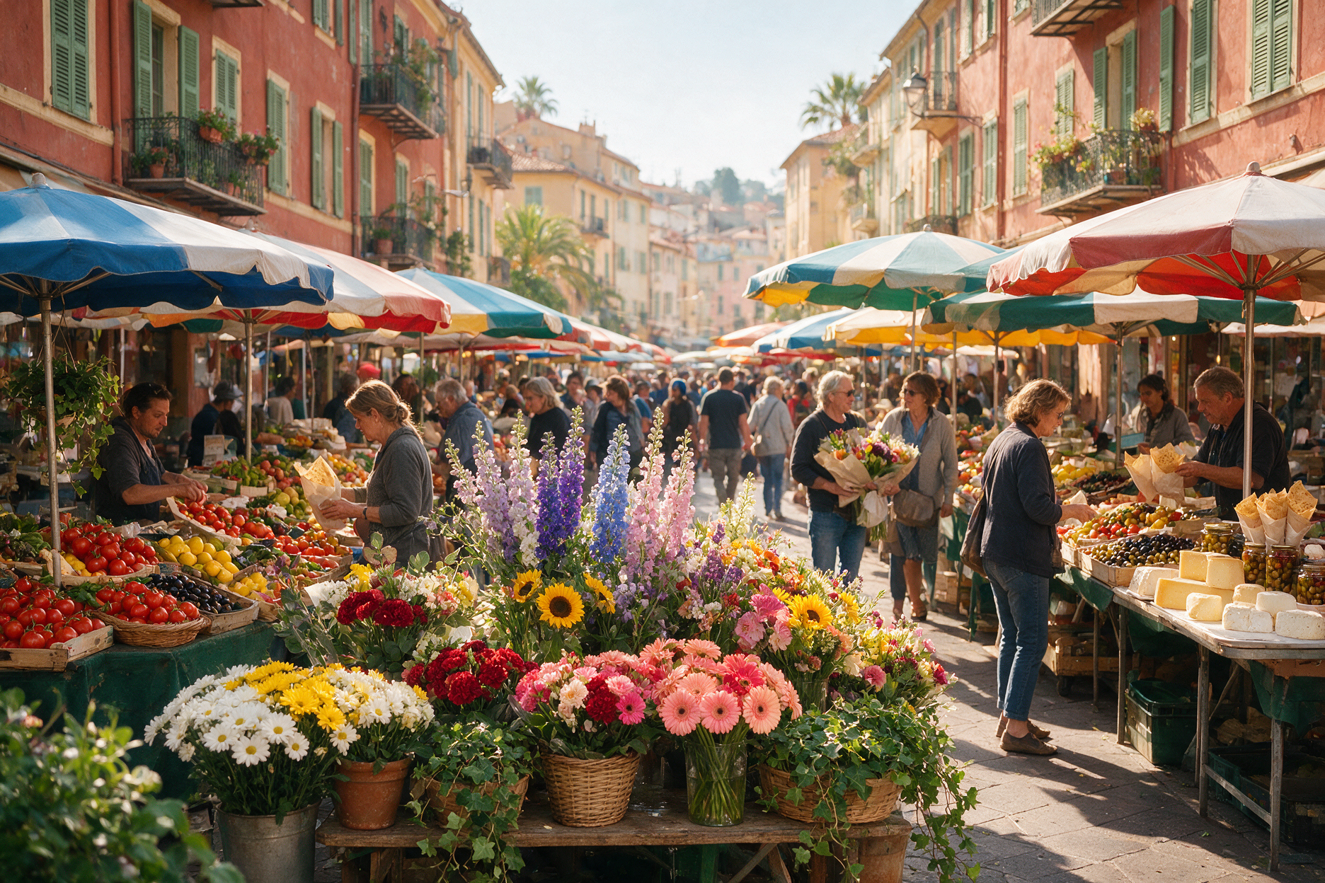 Cours Saleya flower and food market in Vieux Nice with colorful stalls