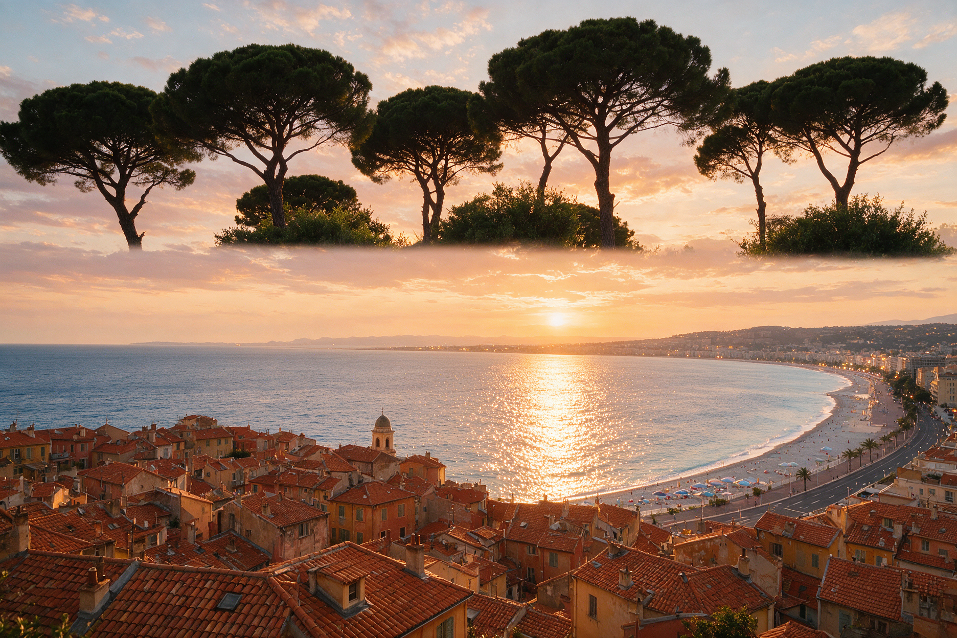 Sunset view from Castle Hill in Nice over the old town rooftops and Baie des Anges