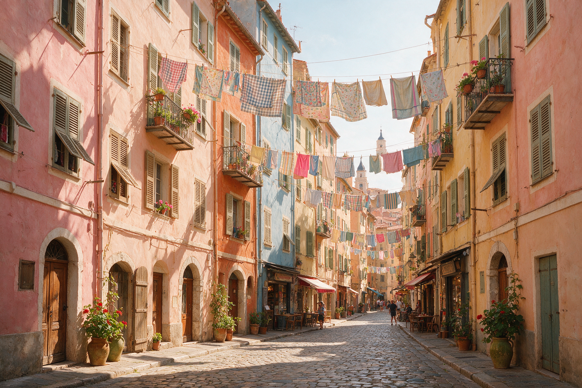 Narrow colorful alley in Vieux Nice old town with tall pastel buildings