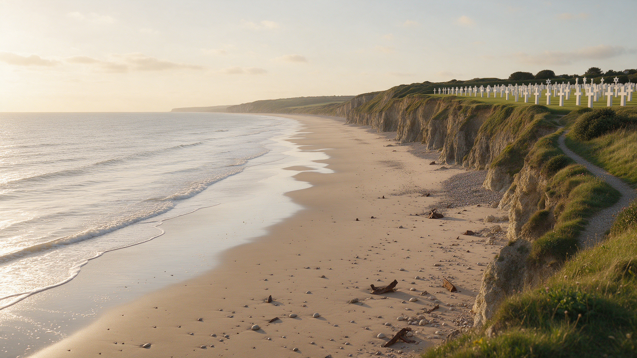 Omaha Beach in Normandy at golden hour with the American cemetery visible on the bluff