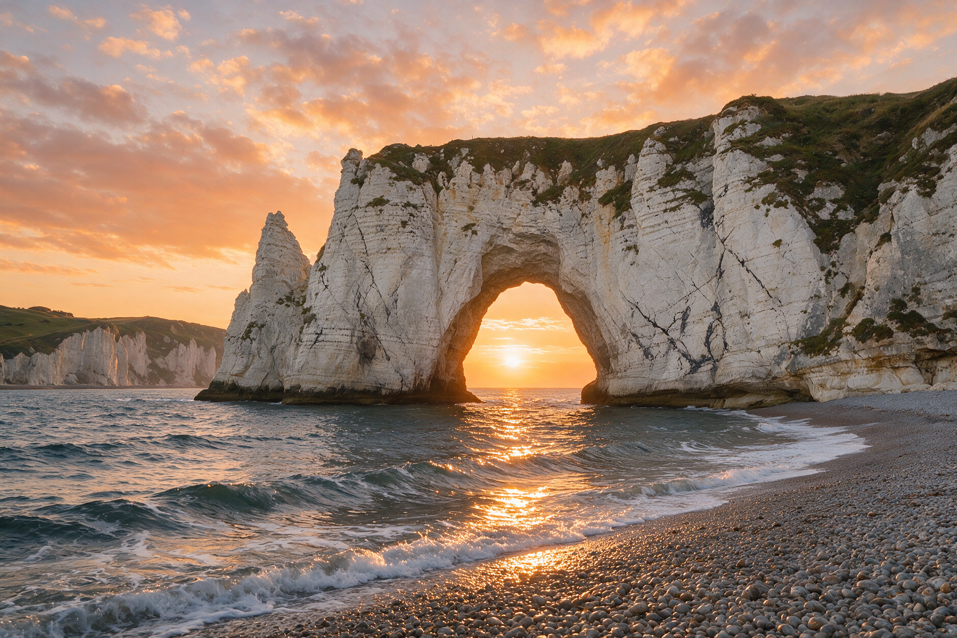 Etretat cliffs in Normandy at golden hour with a natural arch over the sea