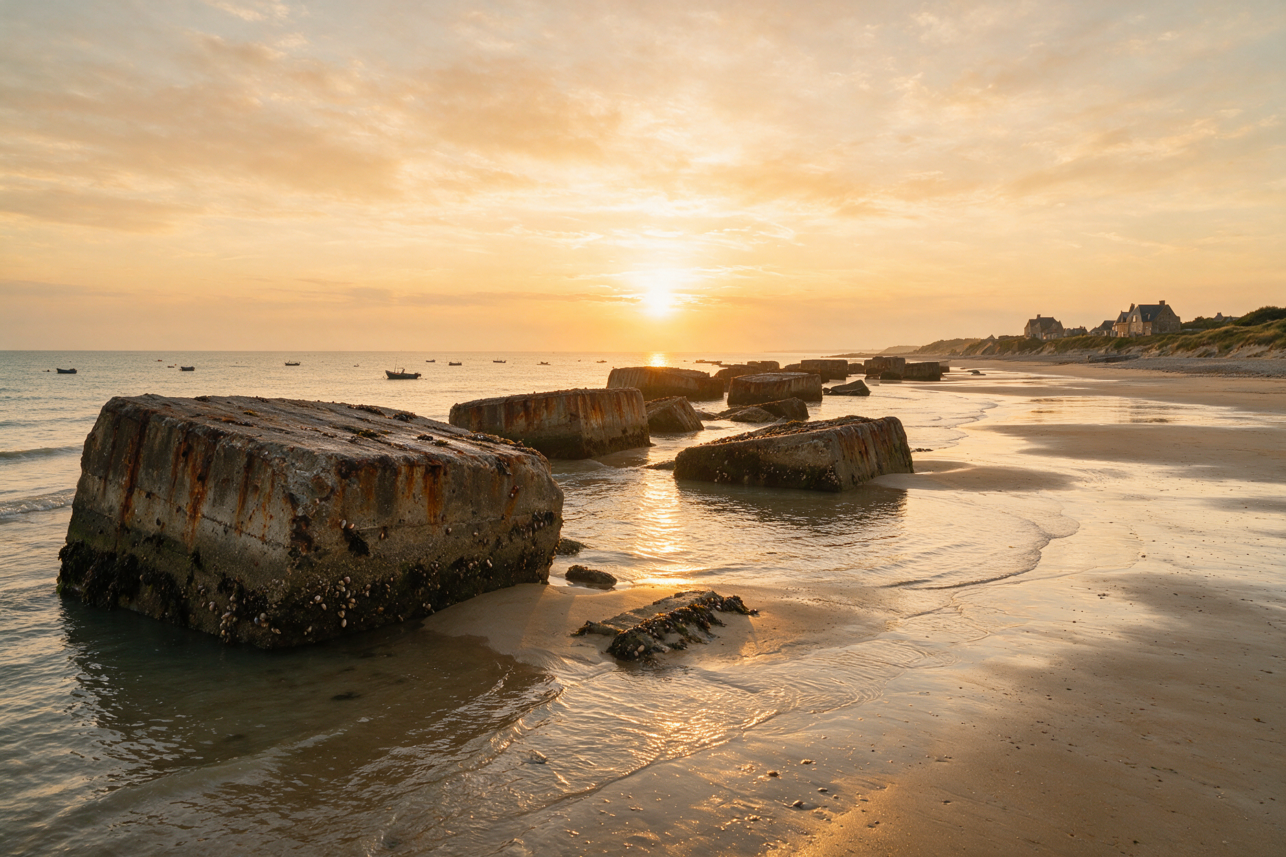 Arromanches Mulberry harbor remains visible at low tide during sunset in Normandy