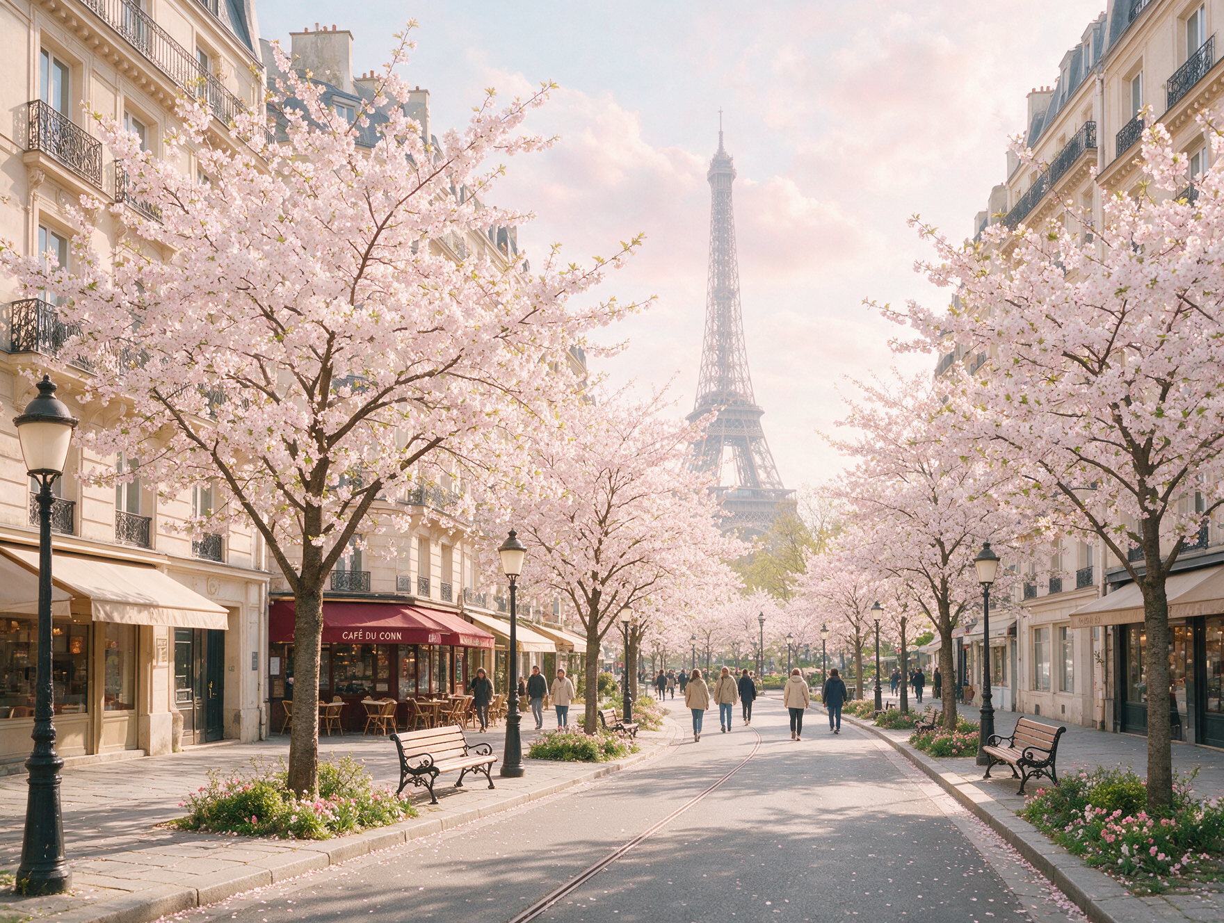 Paris in spring with blooming trees along a boulevard
