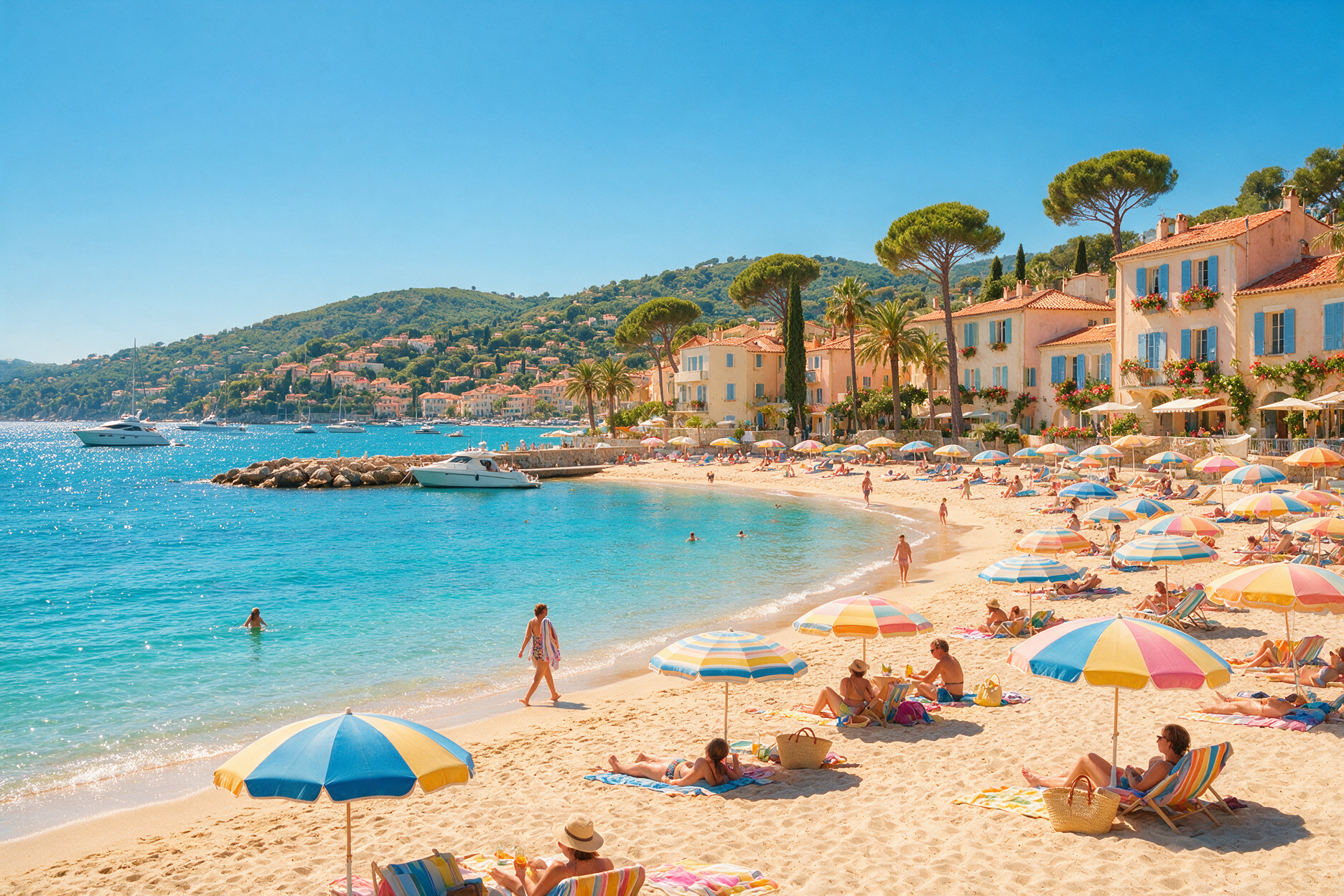 Sunny beach scene on the French Riviera in summer