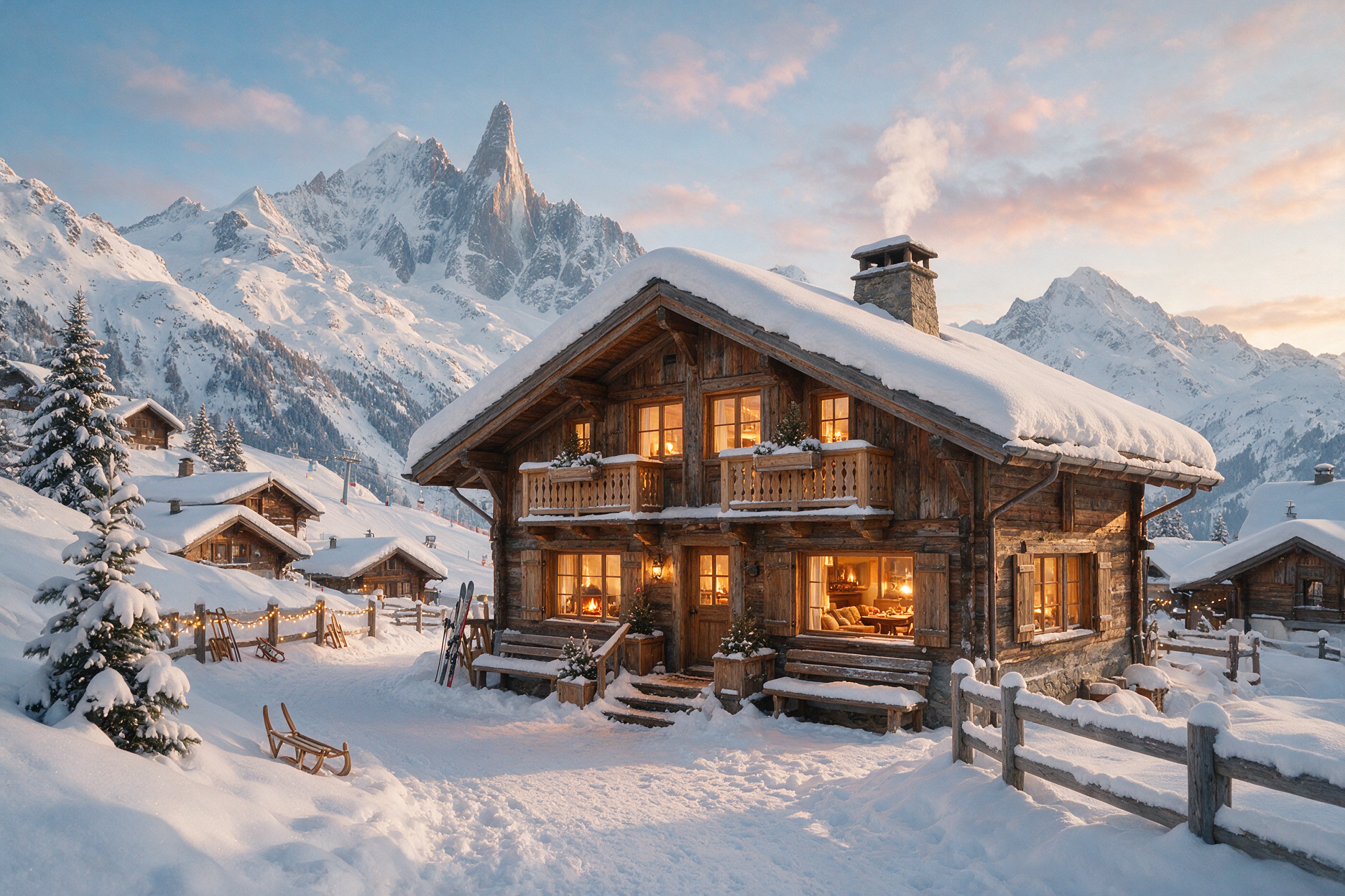Snowy French Alps village in winter with a cozy chalet