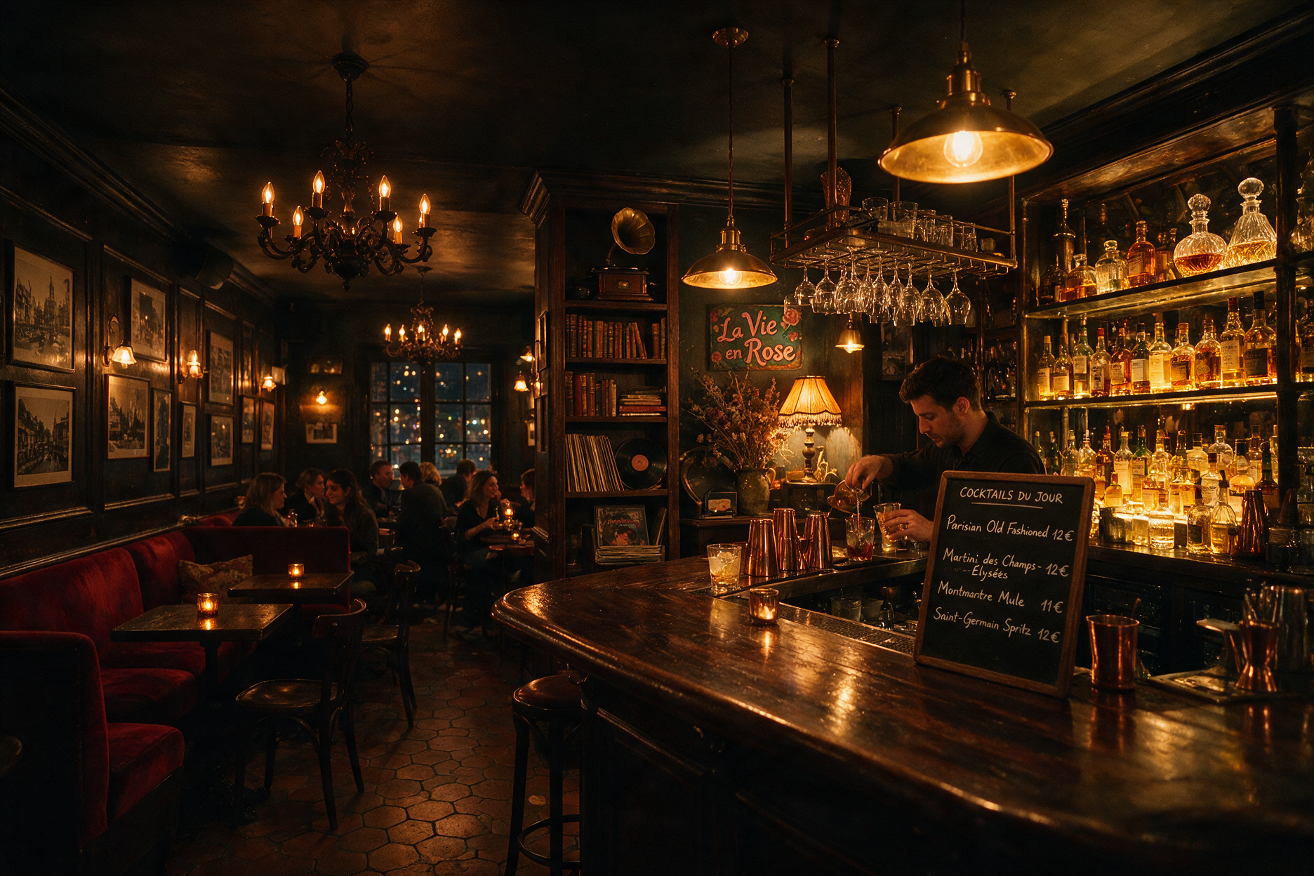 Dimly lit Paris cocktail bar with bartender crafting a drink at a dark wood counter