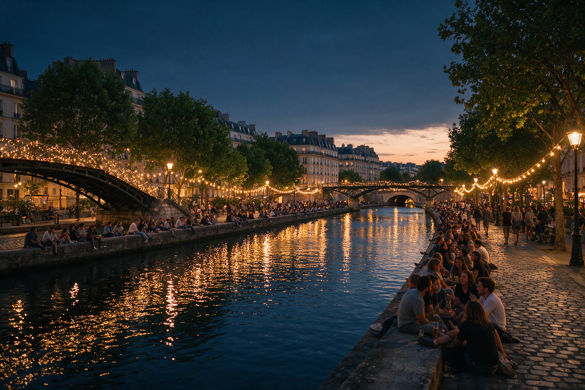 Canal Saint-Martin in Paris at night with people sitting along the water under string lights