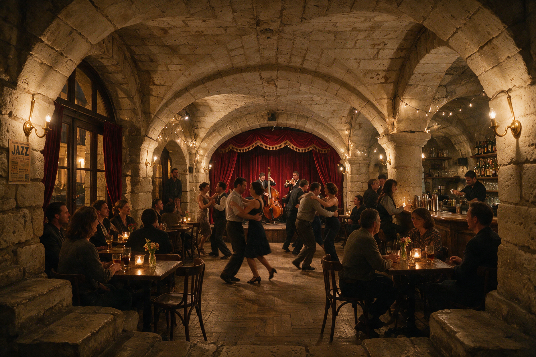 Medieval stone cellar jazz club in Paris with a live band and swing dancers
