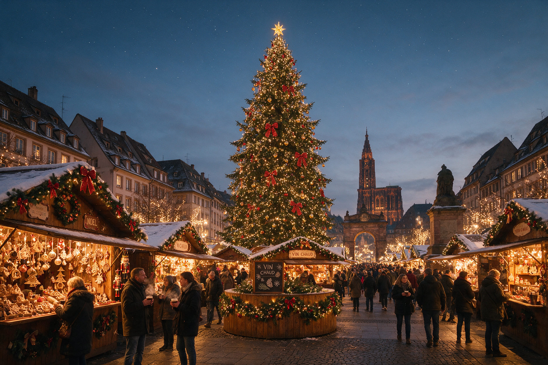 Strasbourg Christmas market at Place Kleber with an illuminated tree and wooden chalets