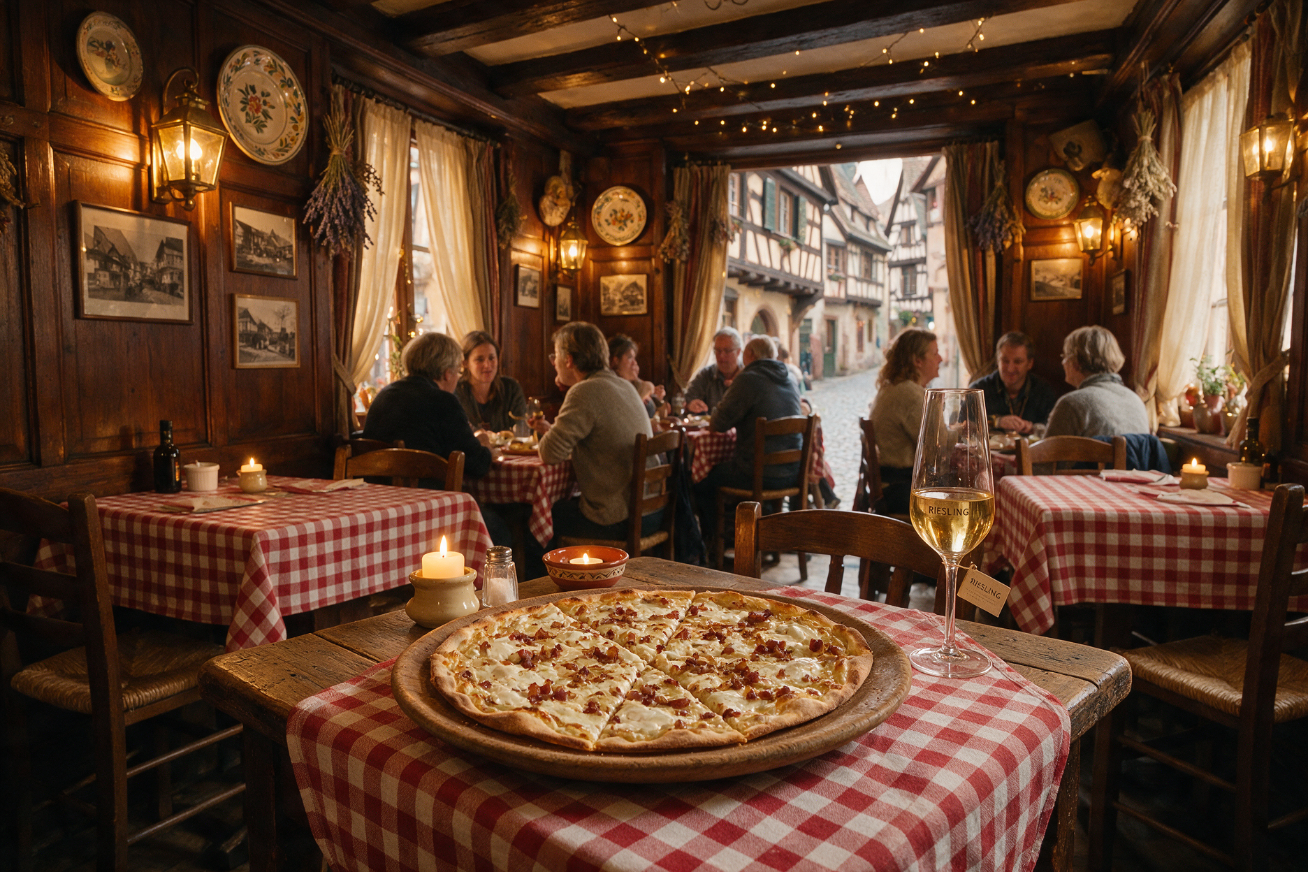 Cozy Alsatian winstub restaurant interior with tarte flambee and a glass of Riesling