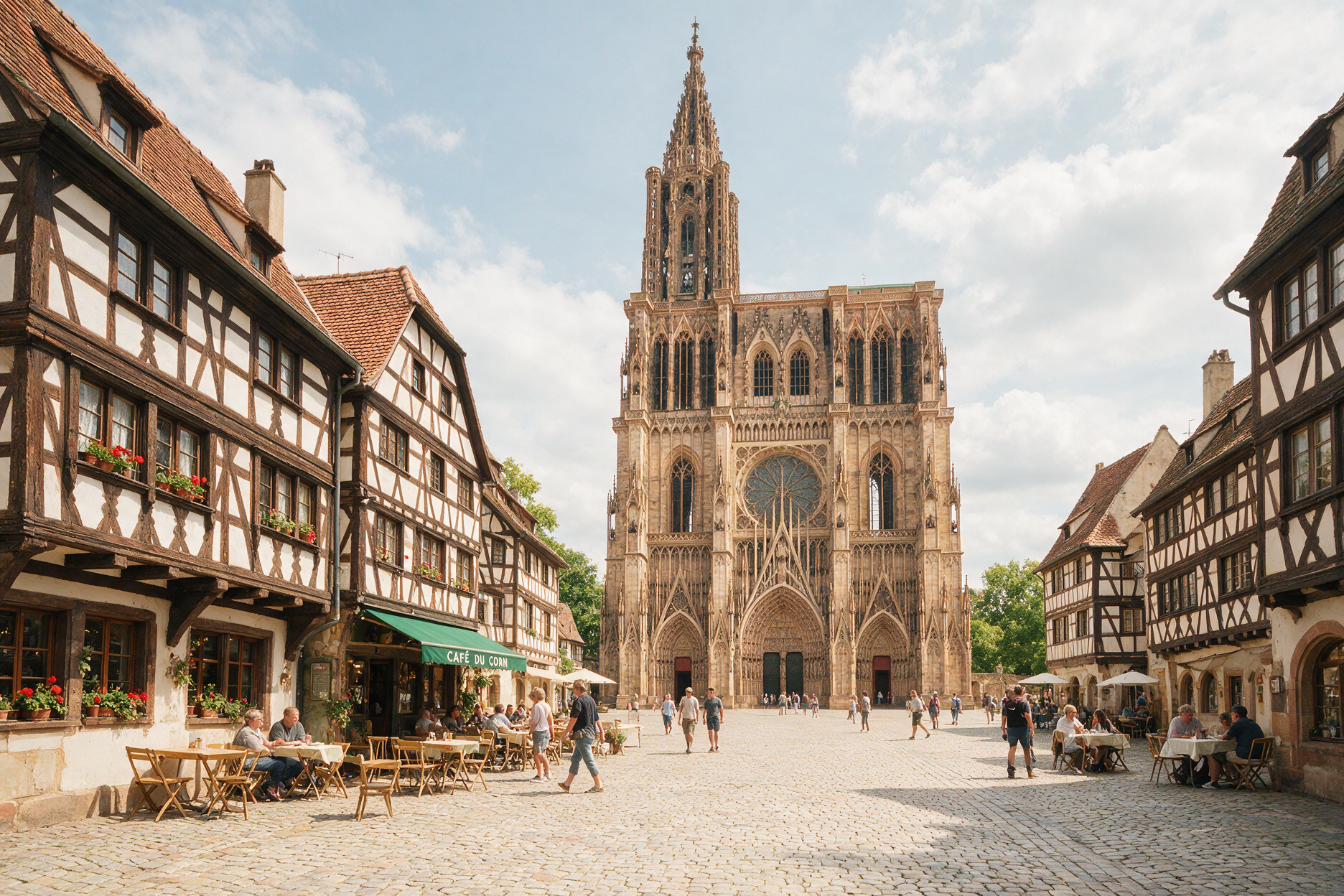 Strasbourg cathedral square with local people at outdoor cafe tables