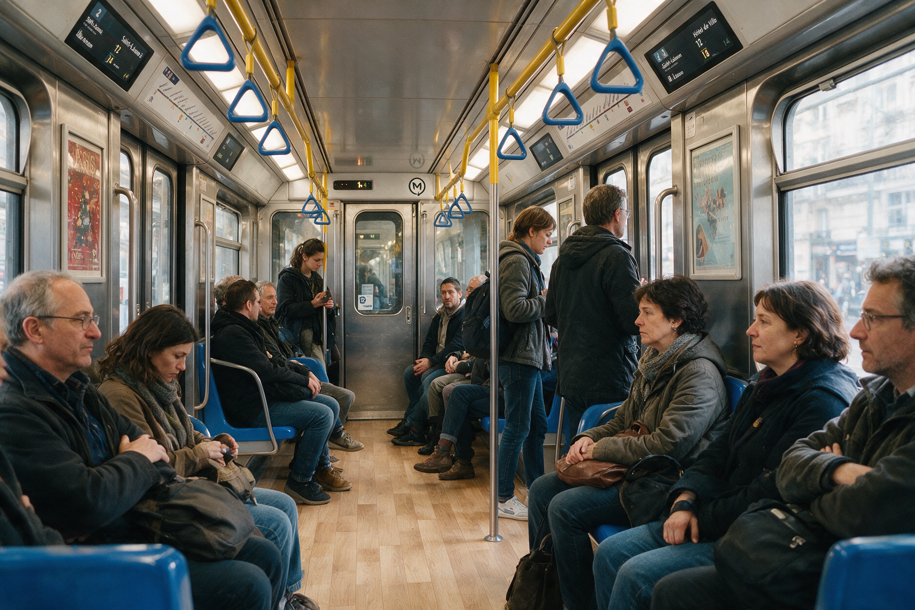 Interior of a Paris Metro train car with passengers