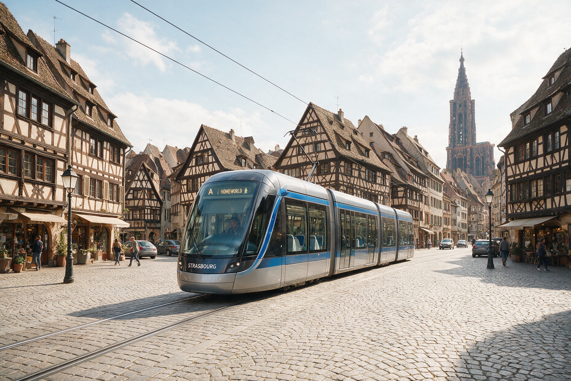 Modern tram passing through Strasbourg city center with half-timbered buildings