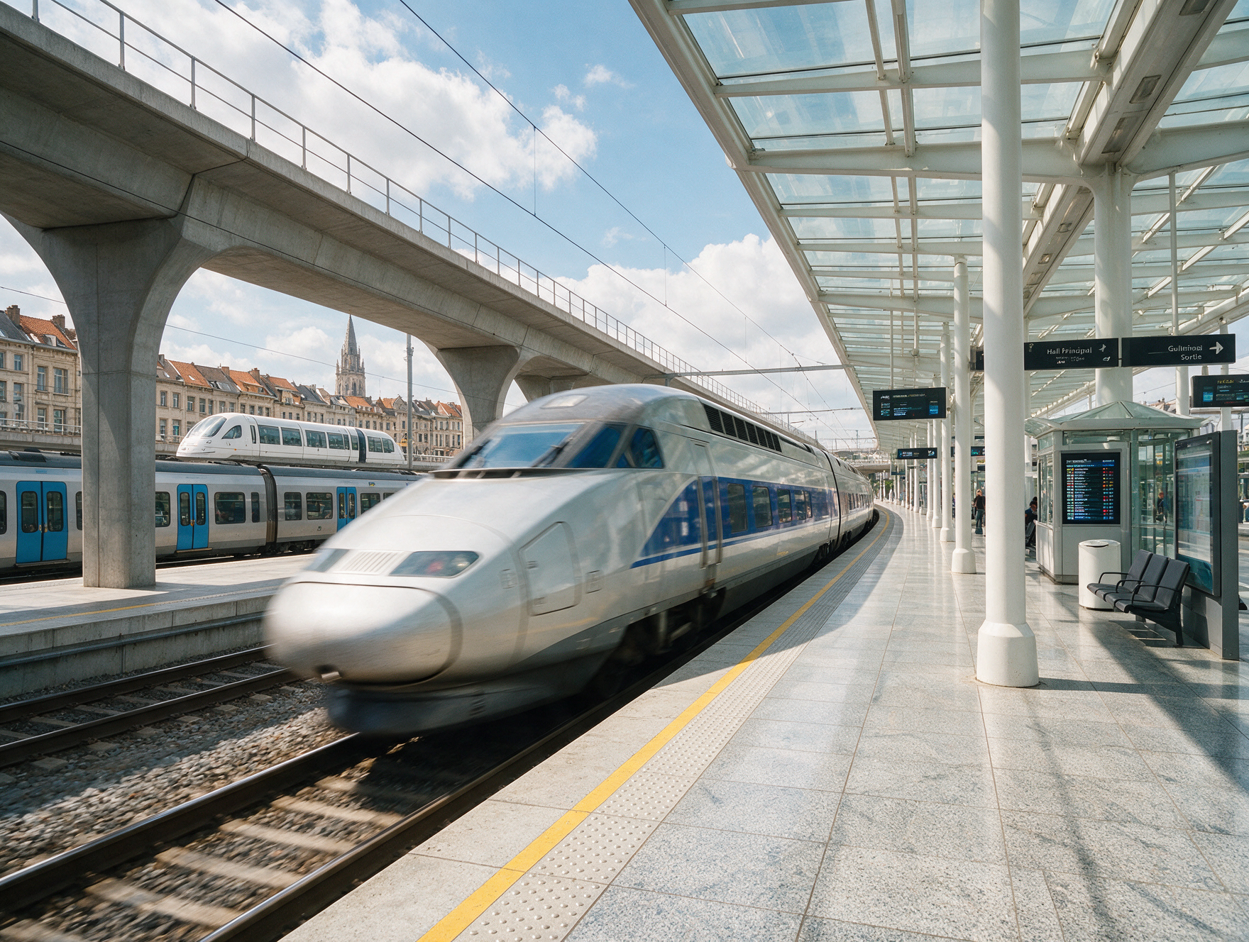 French TGV high-speed train arriving at a station platform