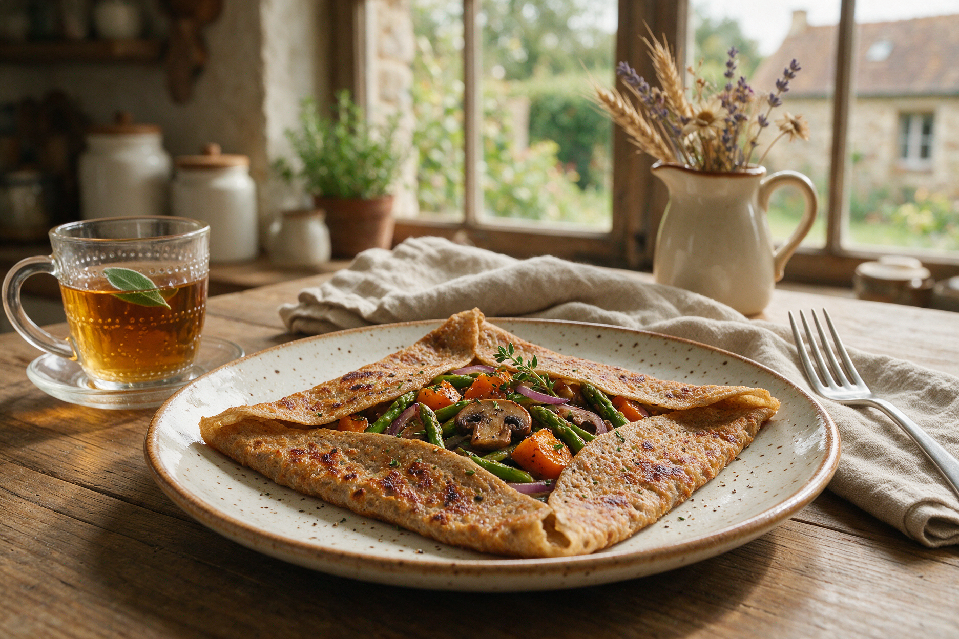 Rustic buckwheat galette filled with vegetables