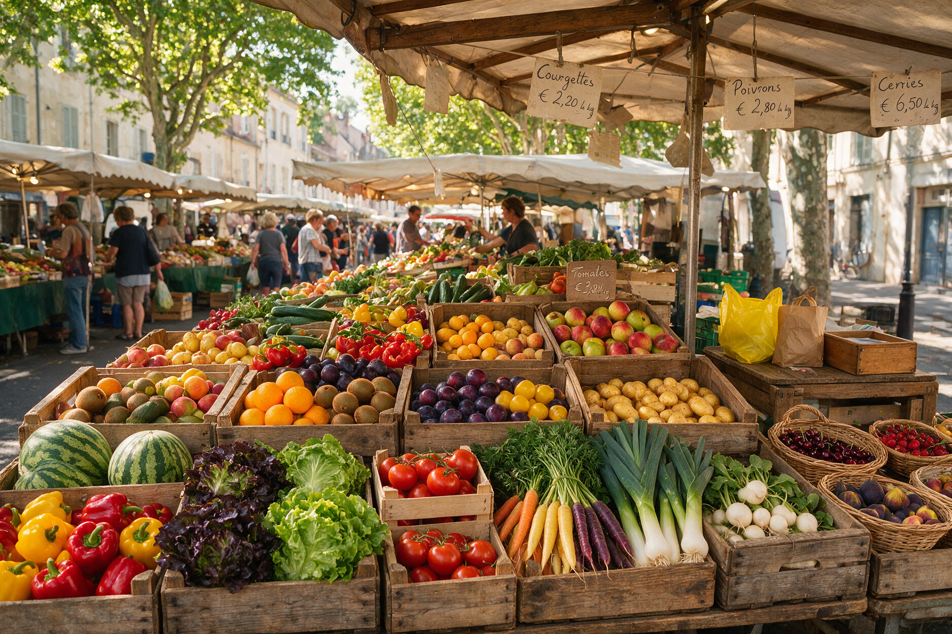 Fresh colorful produce stall at a French farmers market
