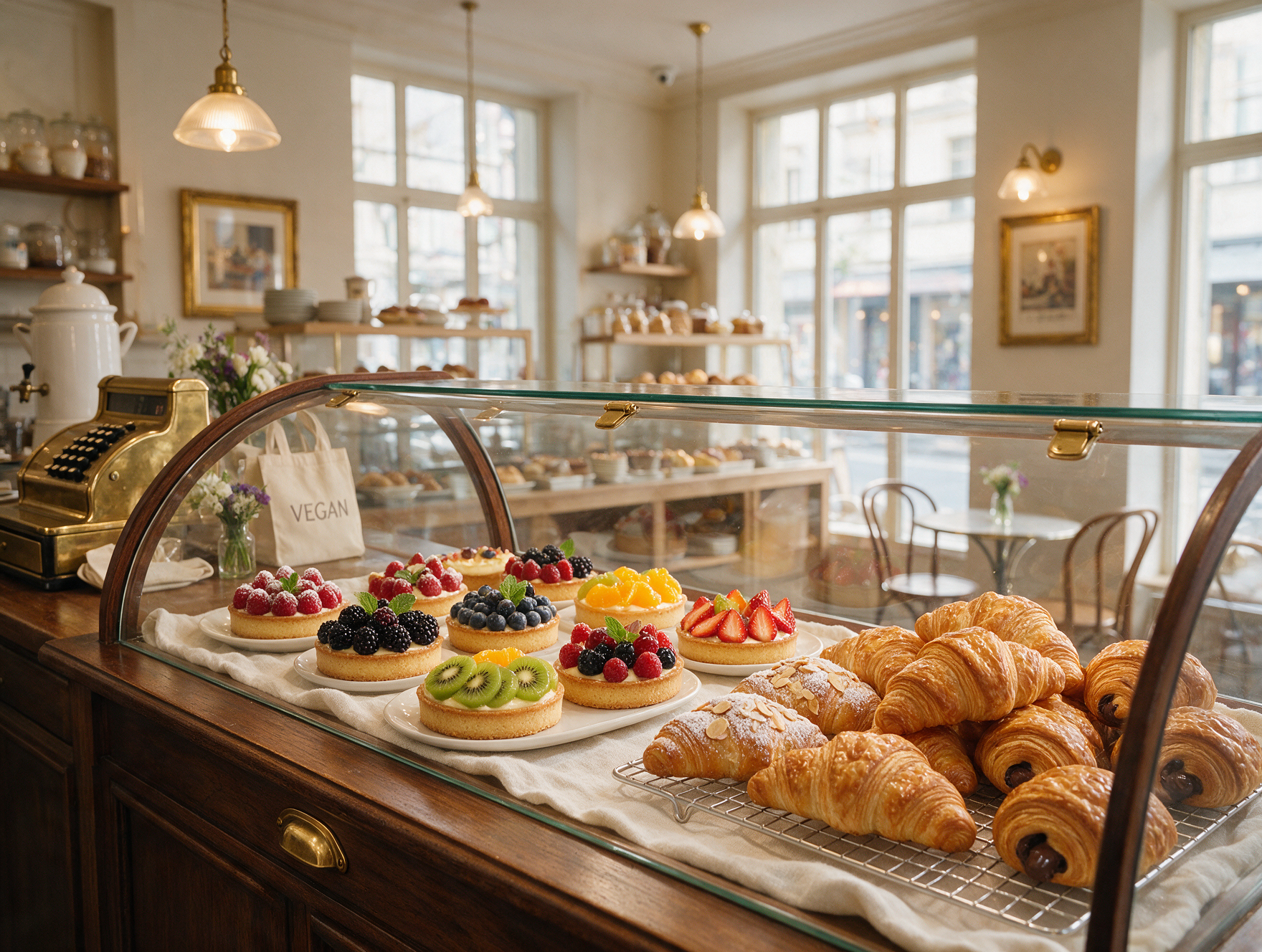 Display case of vegan pastries in a French bakery
