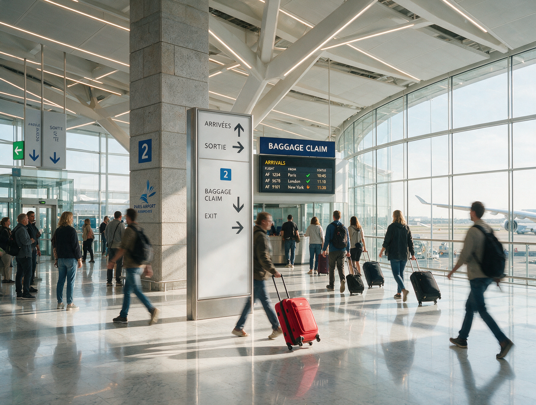 Travelers with luggage walking through the arrivals hall at Paris Charles de Gaulle Airport