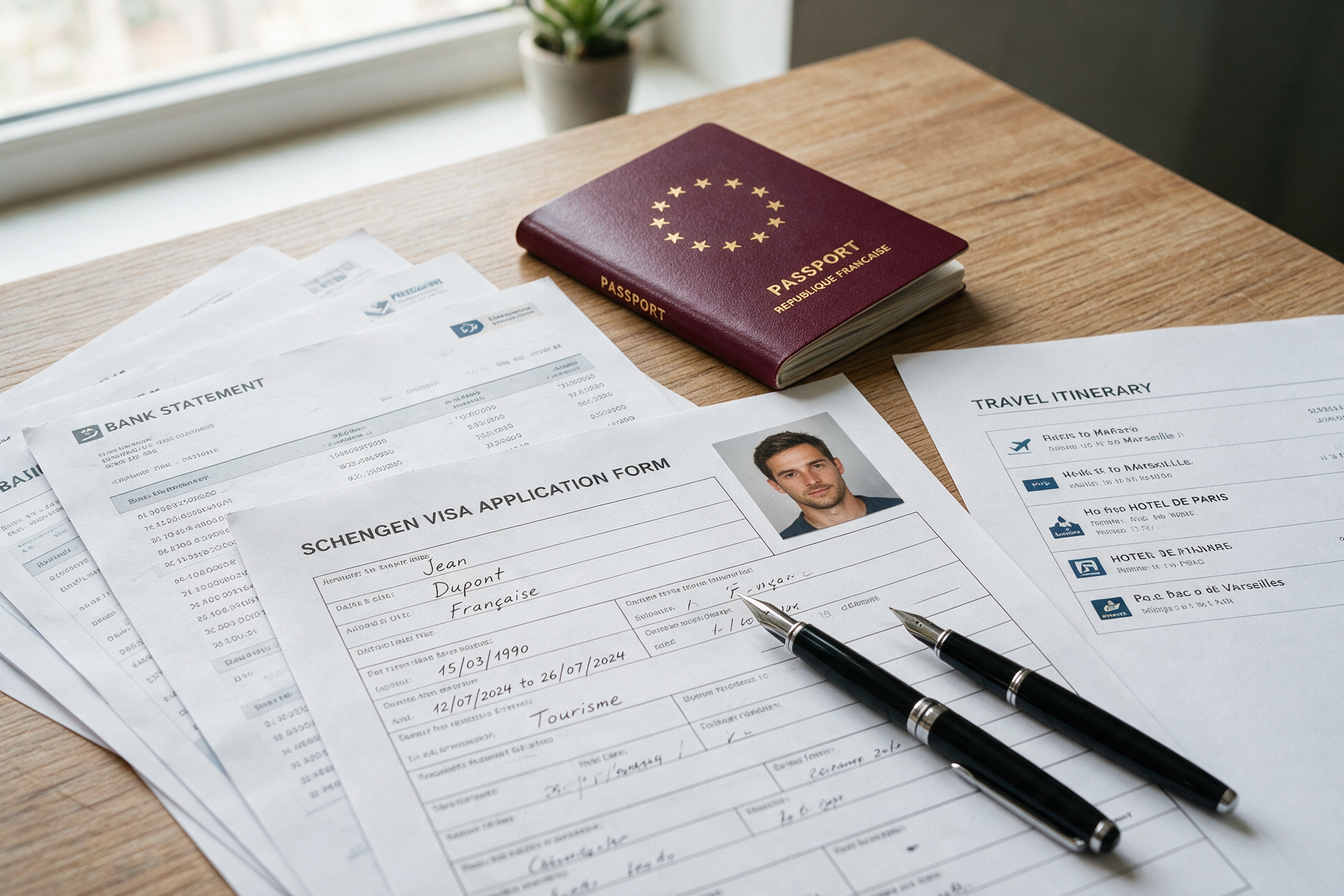 Visa application documents, passport, and bank statements arranged on a desk