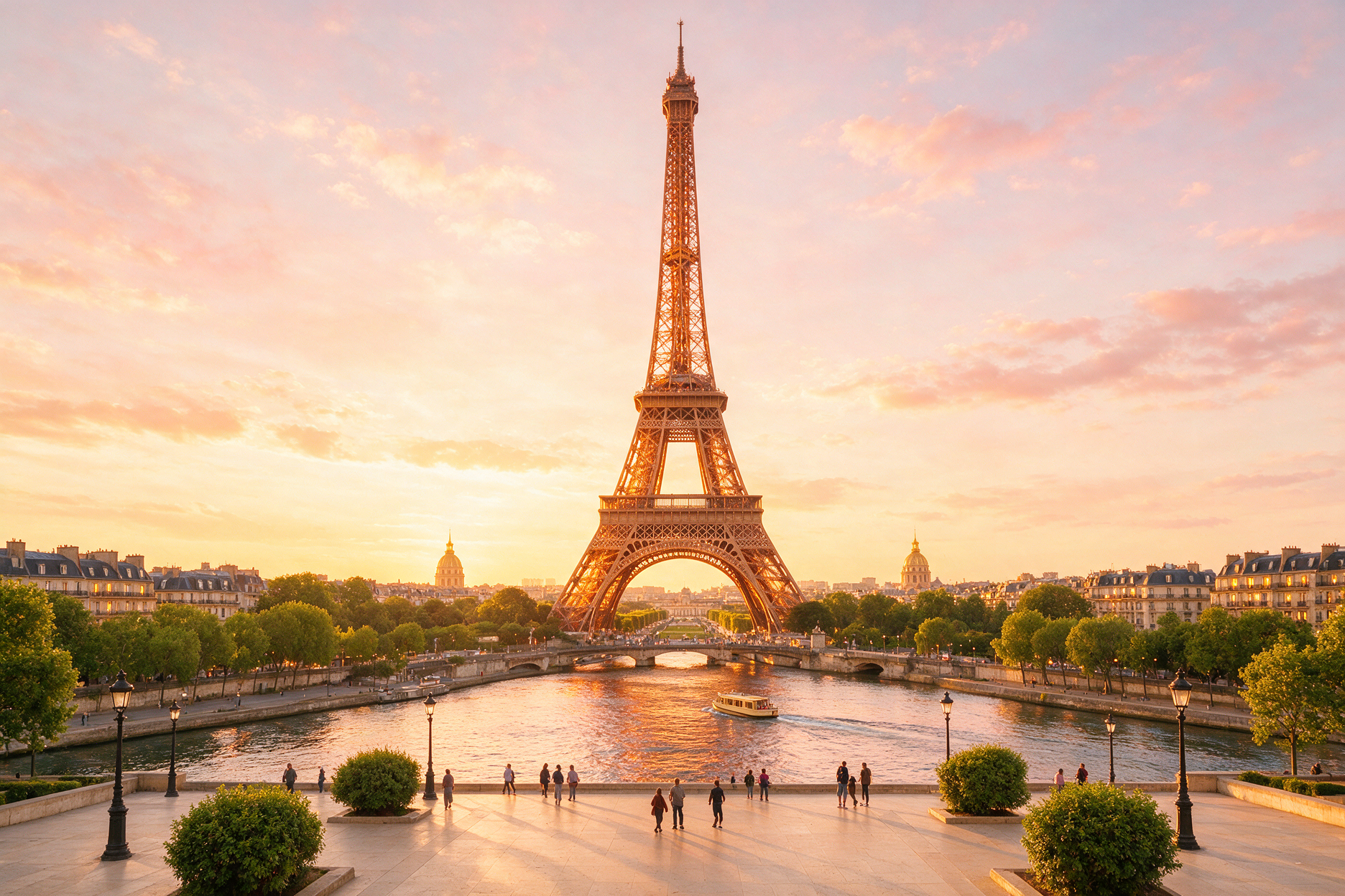 View of the Eiffel Tower from Trocadero at golden hour