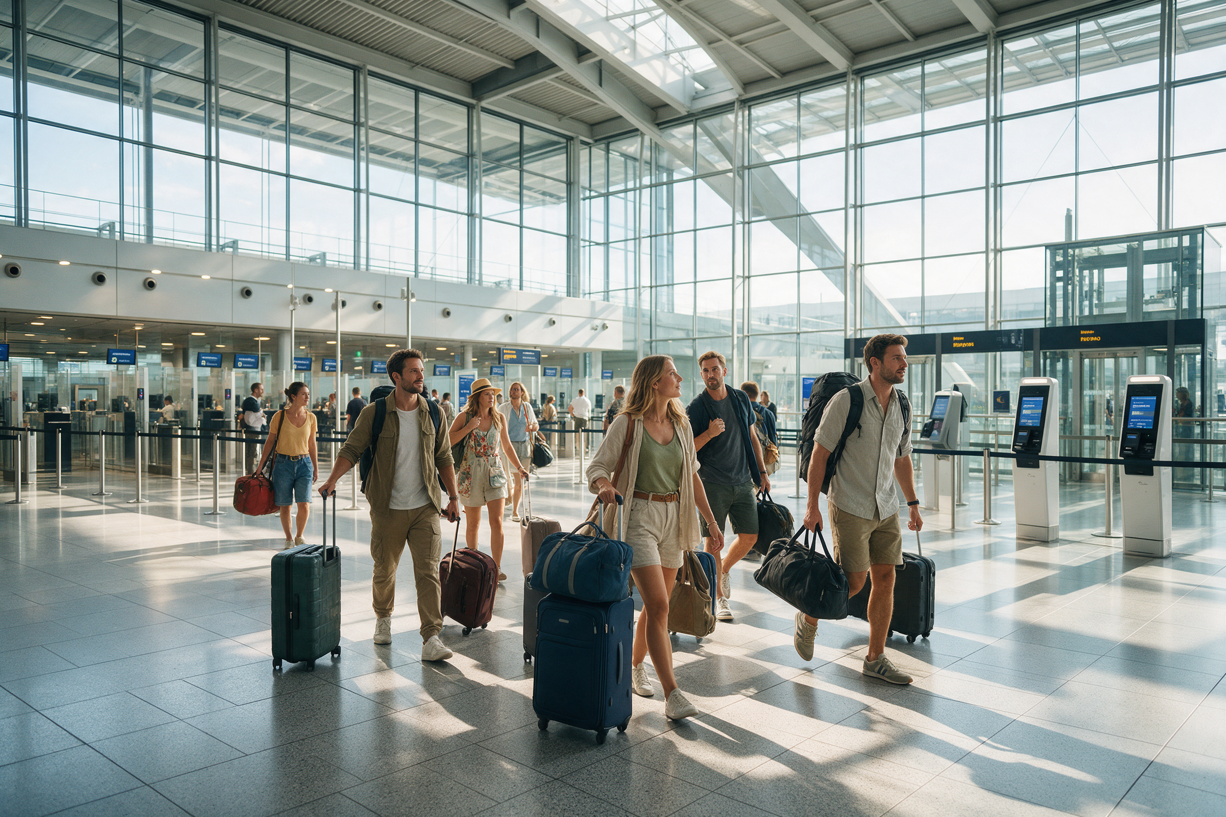 Arrivals hall at a German airport with travelers walking past passport control kiosks