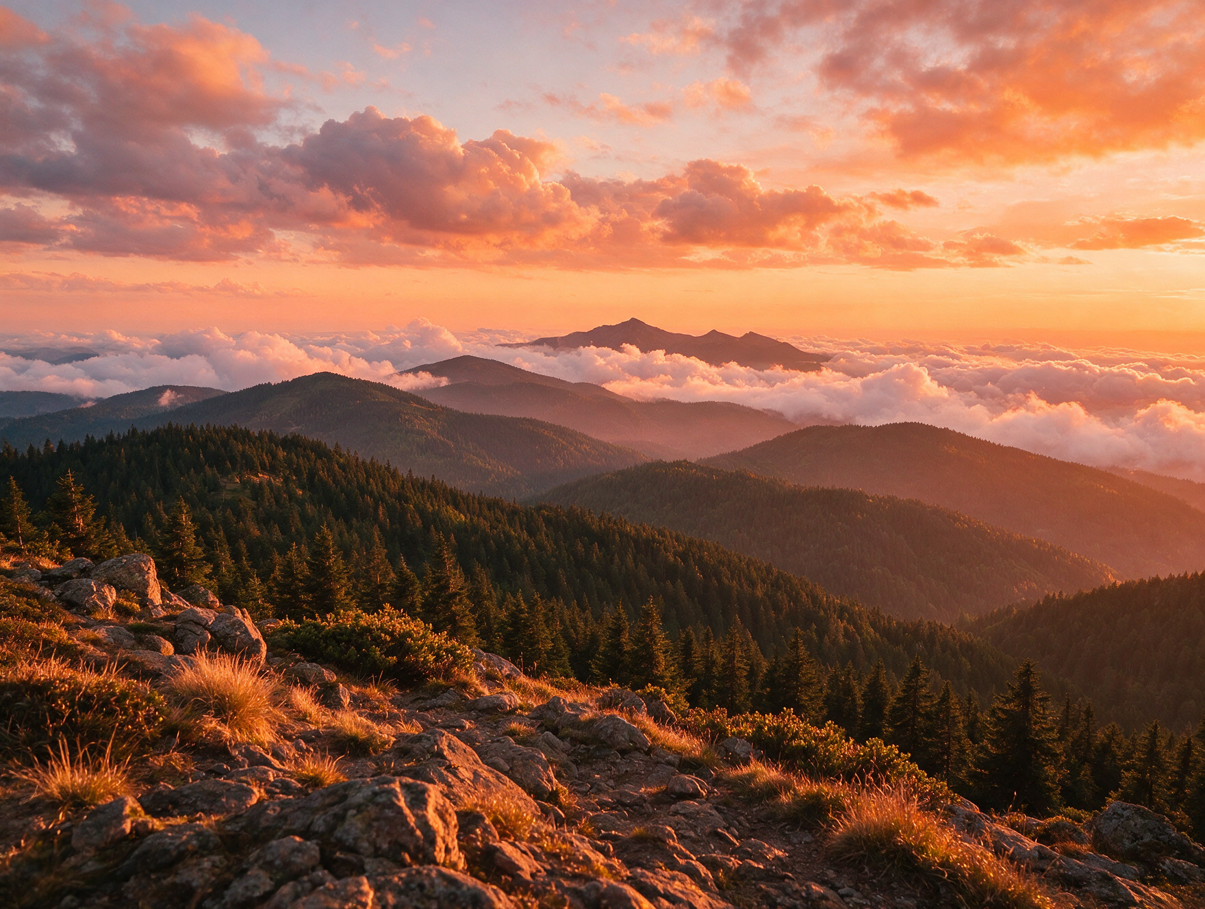 Panoramic sunset view from Feldberg summit, the highest peak in the Black Forest, with forested ridgelines fading into golden haze