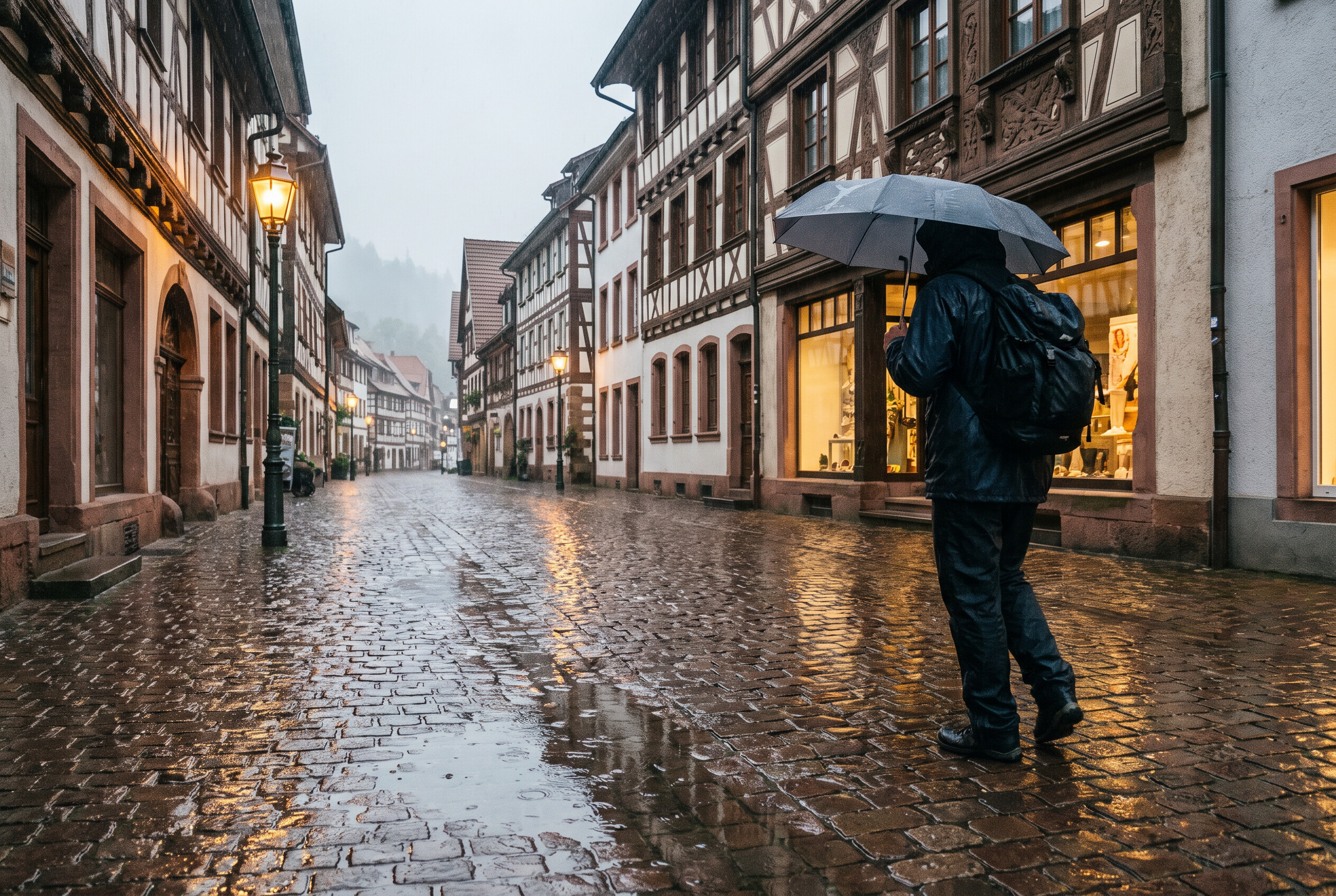Traveler in a waterproof rain jacket walking a wet cobblestone street in a Black Forest German town in autumn