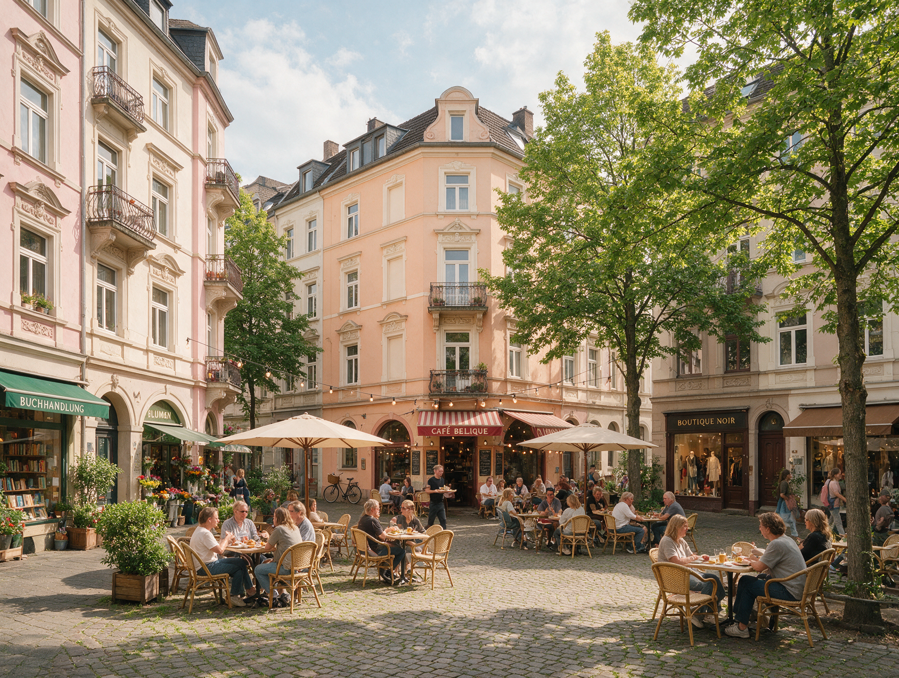 Colorful café-lined street corner in Cologne's Belgian Quarter with outdoor seating