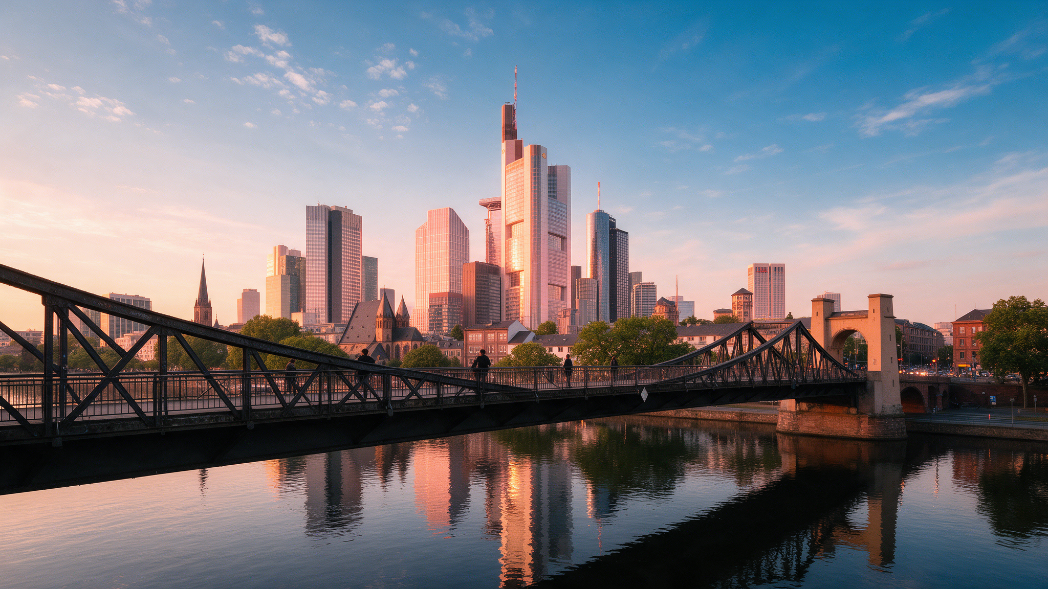 Frankfurt skyline reflected on the Main river at golden hour, viewed from the Deutschherrnbrücke footbridge